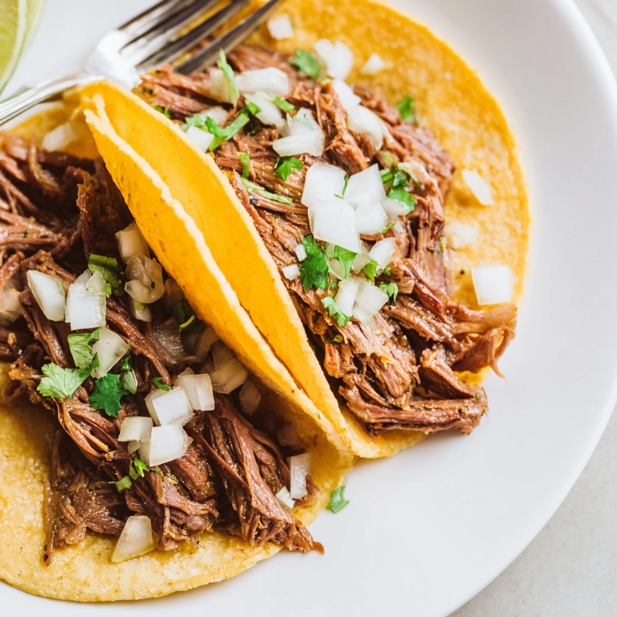 Slow-cooked, shredded beef in Crock Pot Carne Asada Street Tacos topped with fresh cilantro.