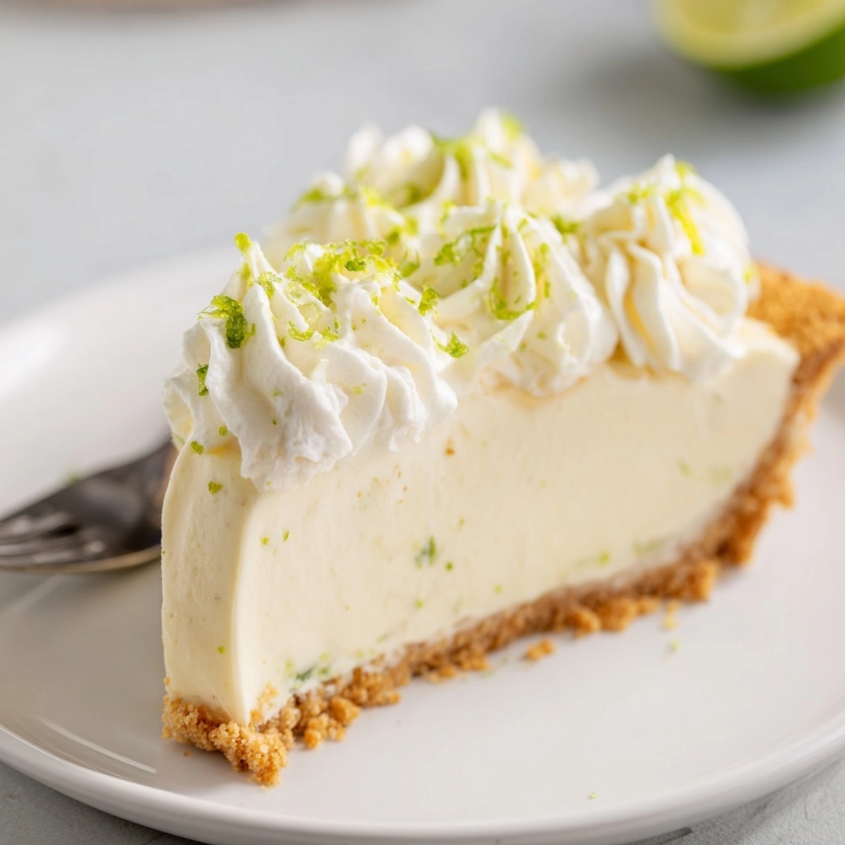 Creamy, tangy Key Lime Pie slice showcasing a buttery graham cracker crust.
