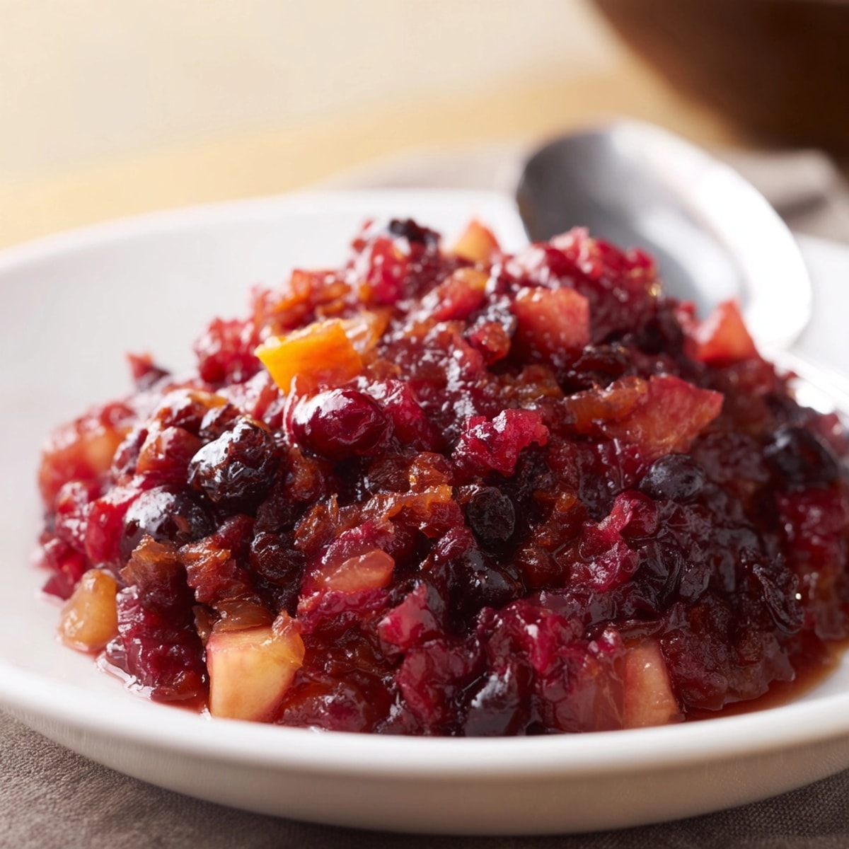 Vibrant homemade Cranberry Chutney simmering in a pot, releasing a sweet, spiced aroma.