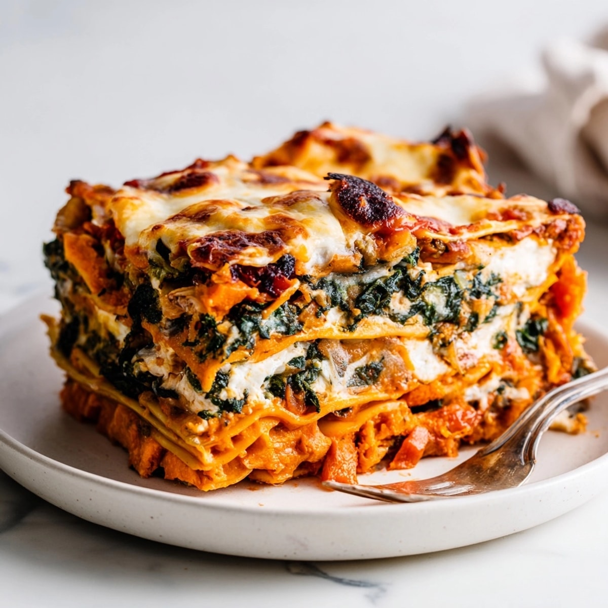 Golden, bubbly Pumpkin Lasagna Bake fresh from the oven; a creamy vegetarian fall comfort meal.