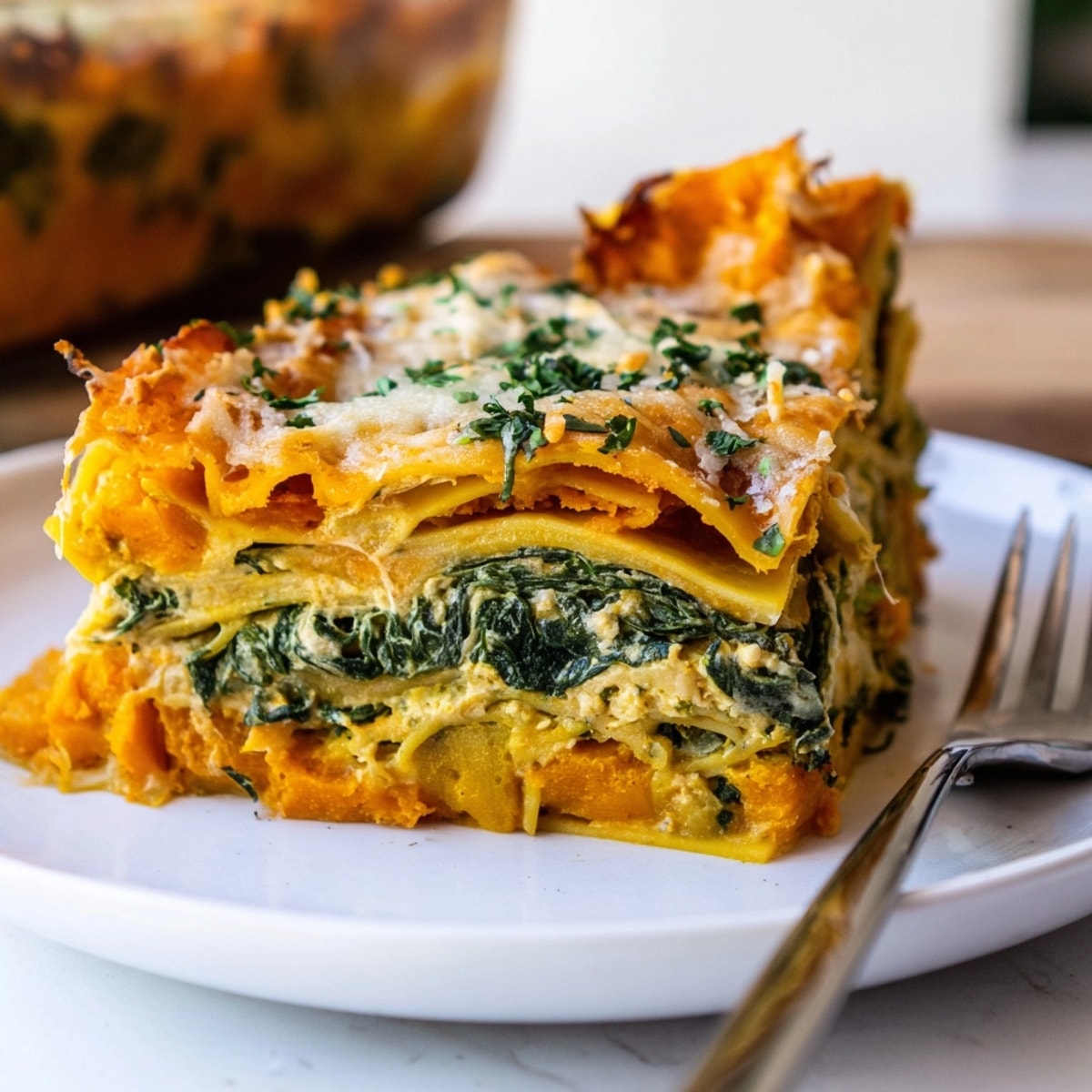 Warm, savory Pumpkin Lasagna Bake, topped with melted mozzarella and parmesan, ready for weeknight dinner.