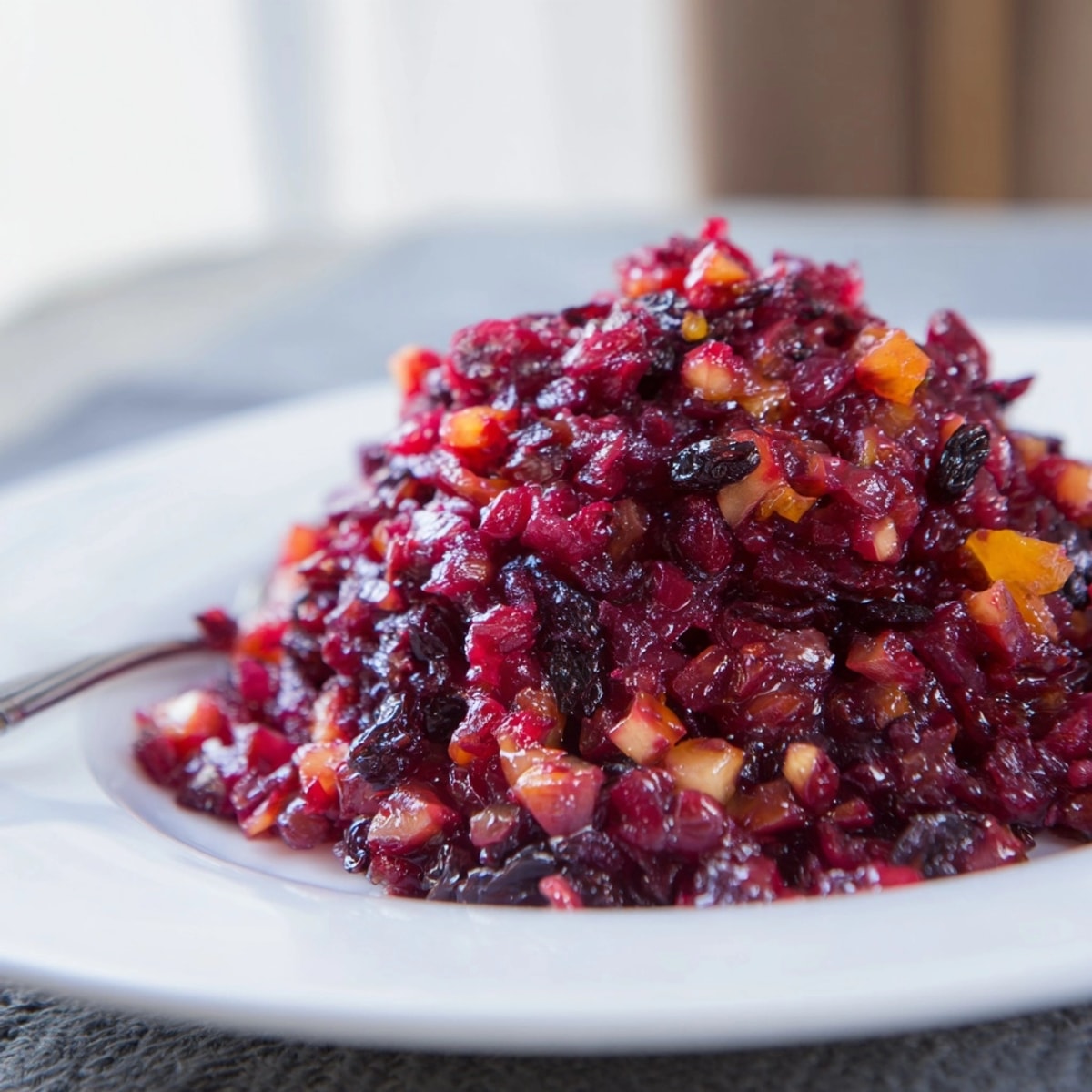 Festive Cranberry Chutney served alongside roasted turkey; a perfect balance of sweet and tart.