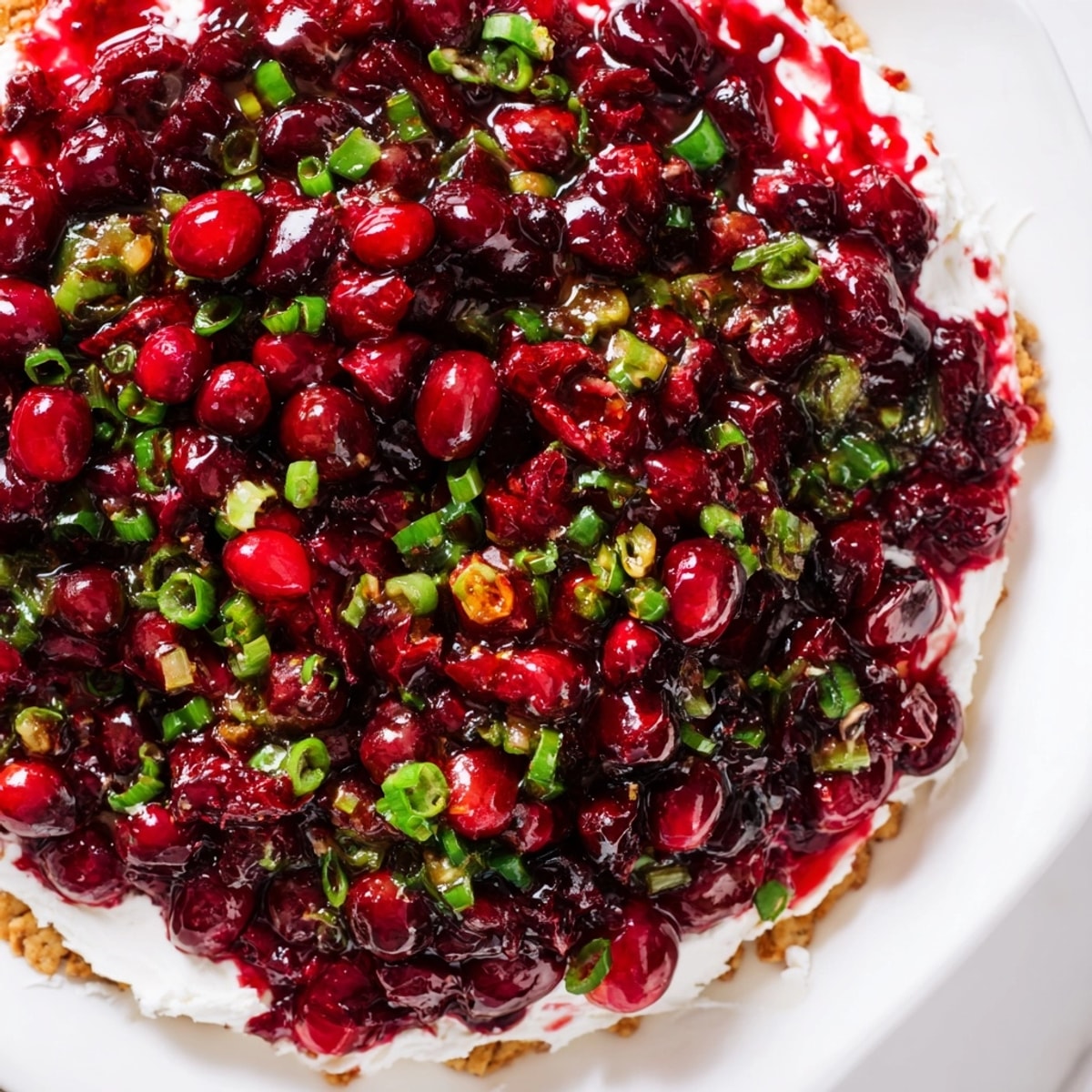 Festive Cranberry Jalapeño Dip with bright red cranberries and herbs over creamy cheese.