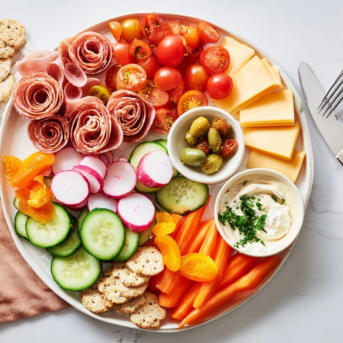 Eye-level view shows a vibrant Savory Snack Plate, ready to enjoy.