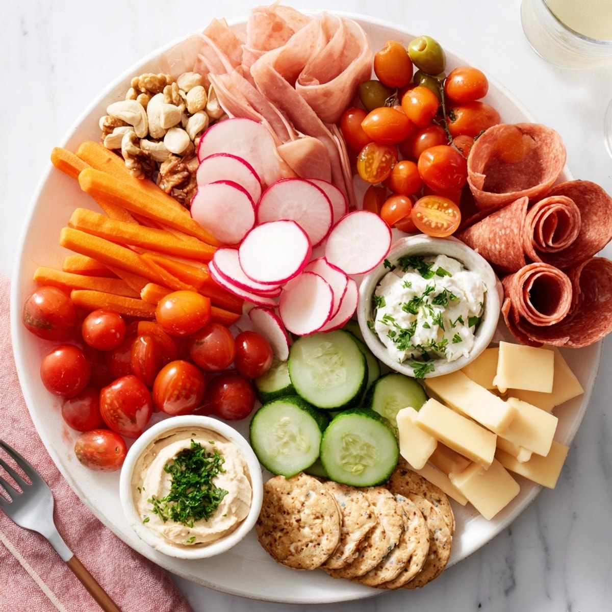 Close up of a colorful Savory Snack Plate featuring cheeses, veggies, dips, and crackers.