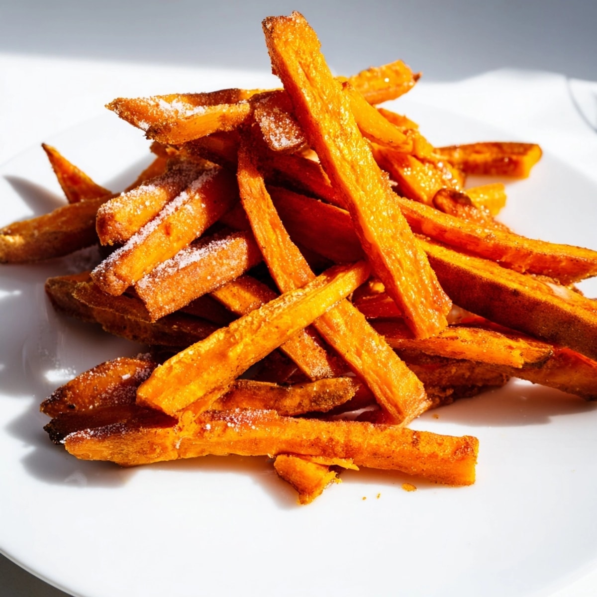 Golden brown Sweet Potato Fries on a baking sheet, ready to enjoy oven-baked.