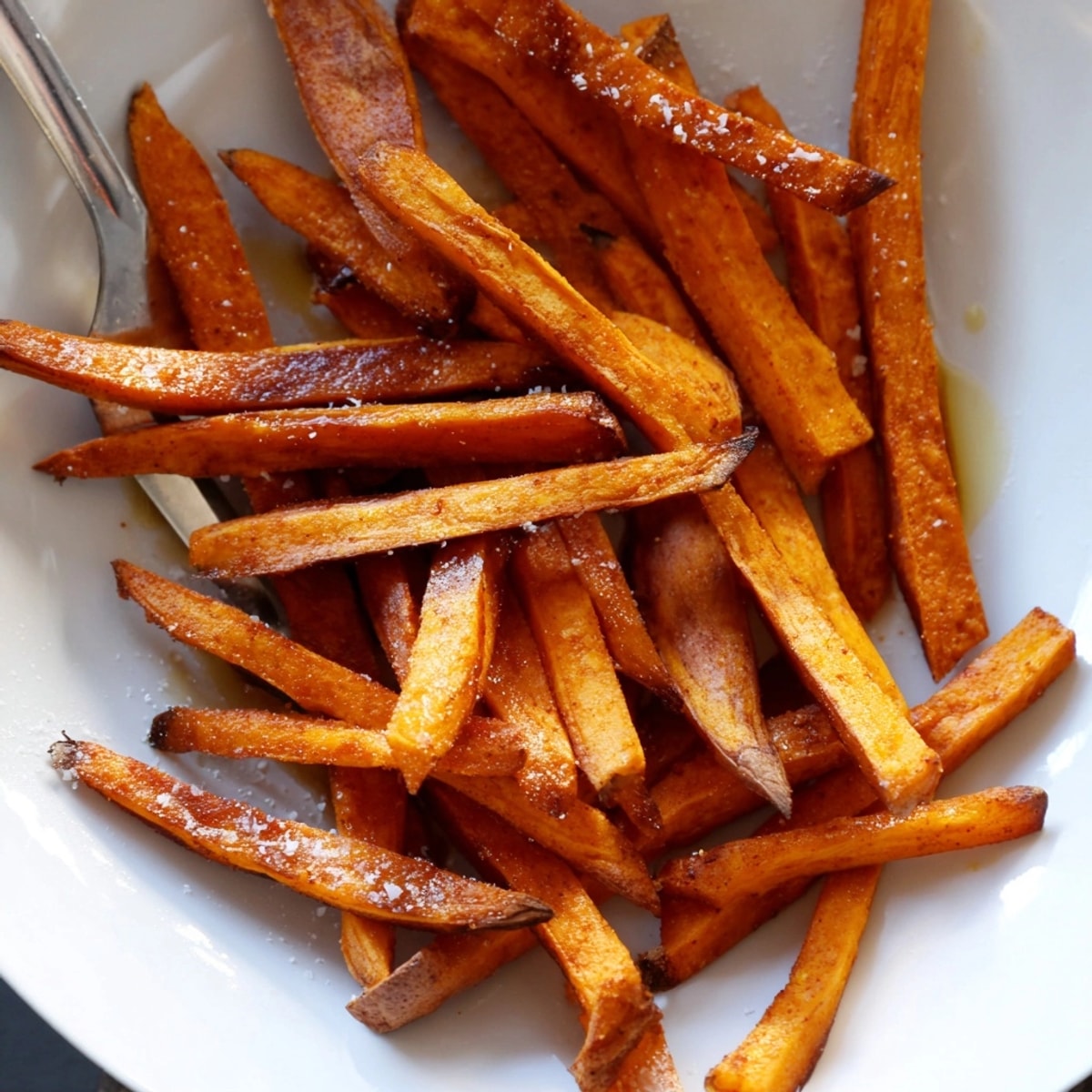 Close-up of perfectly baked Sweet Potato Fries, seasoned and served, a satisfying vegetarian snack.