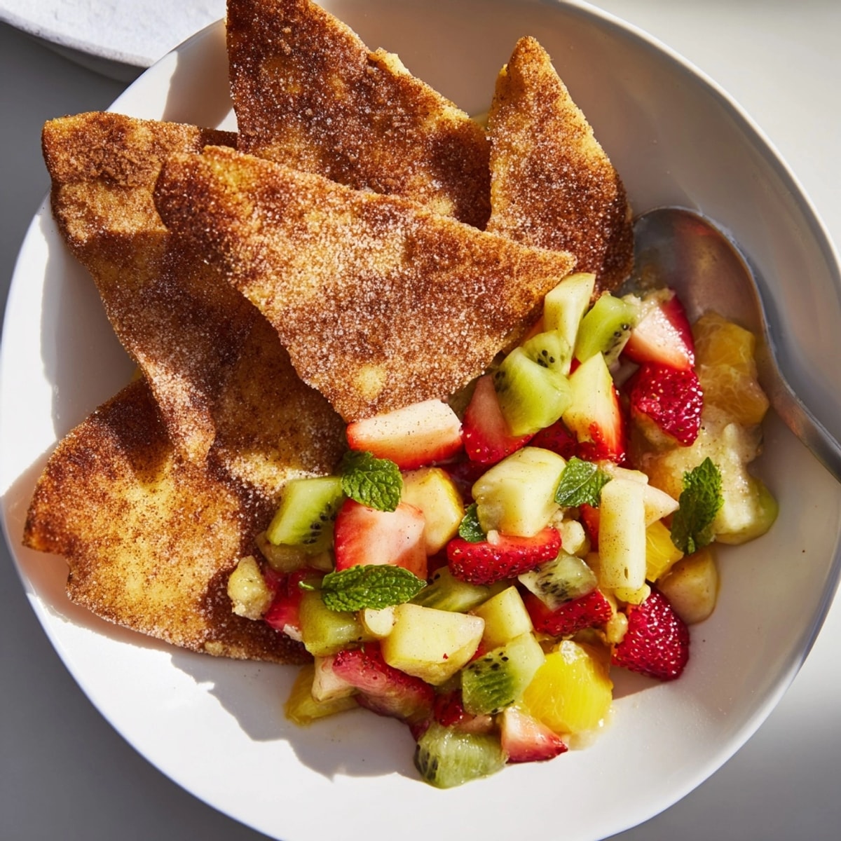 Golden Dessert Chips and Salsa with colorful diced fruit, ready for sweet dipping.