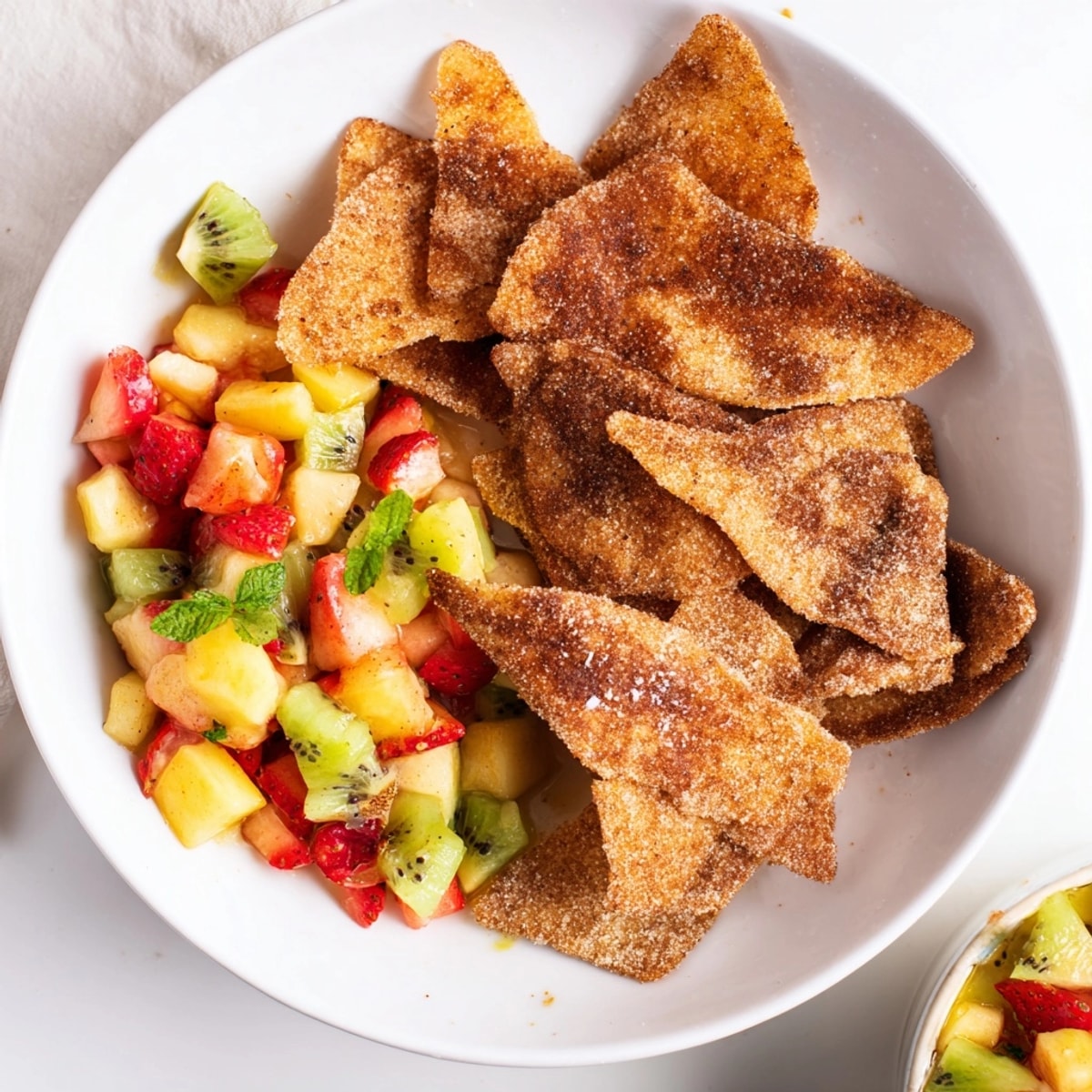 Crispy cinnamon Dessert Chips and Salsa, a kid-friendly treat, showcasing fresh, vibrant colors.