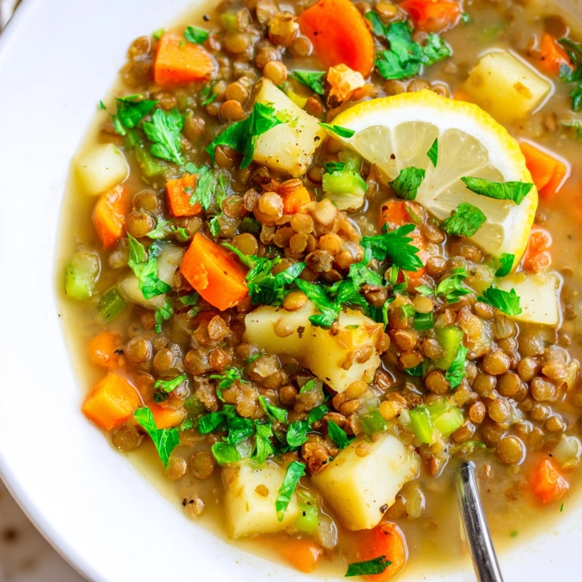 Savory Lebanese Lentil Soup simmering, its warm aroma fills the kitchen with cumin.