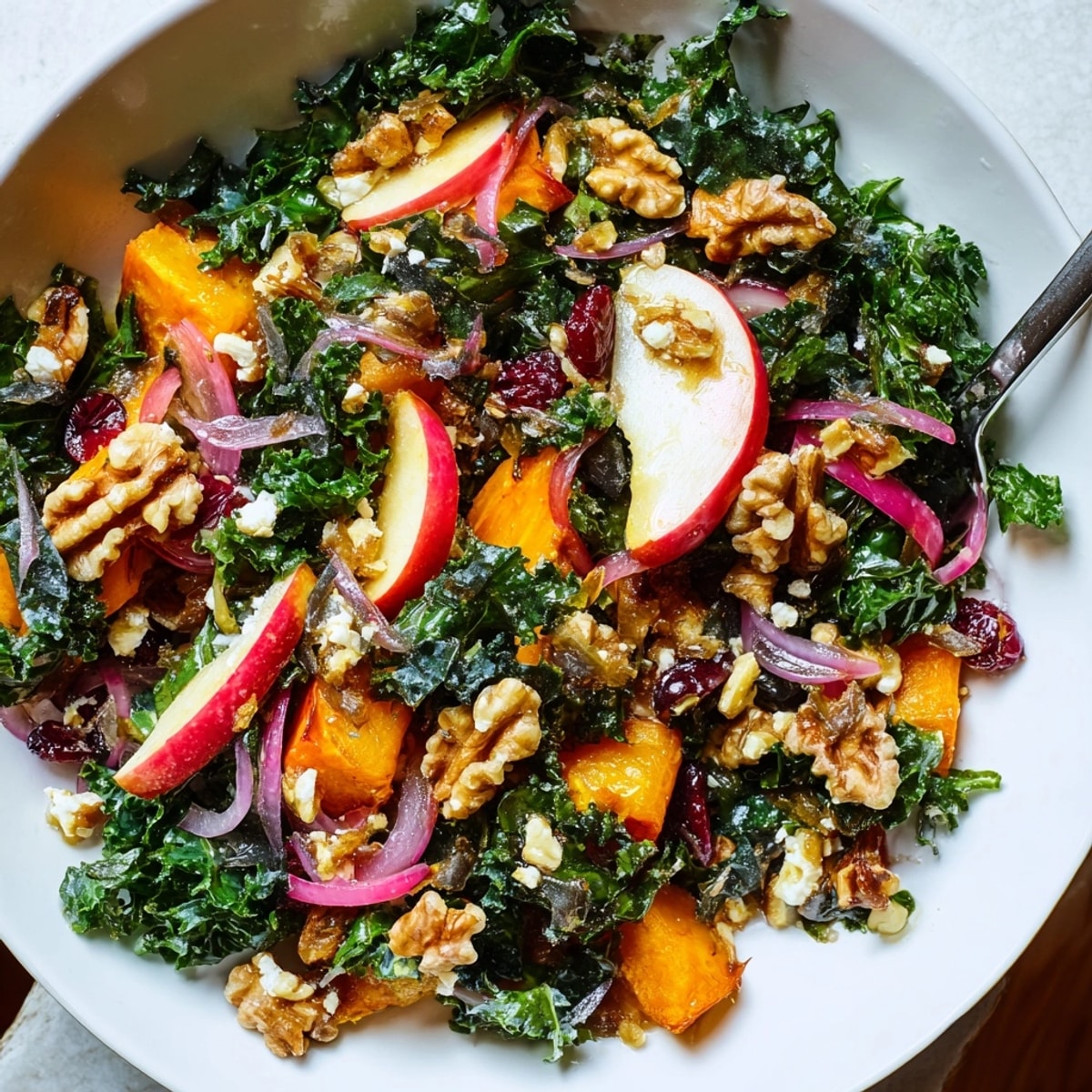 Tangy maple vinaigrette glistens on fresh Harvest Apple Kale Salad with soft kale.