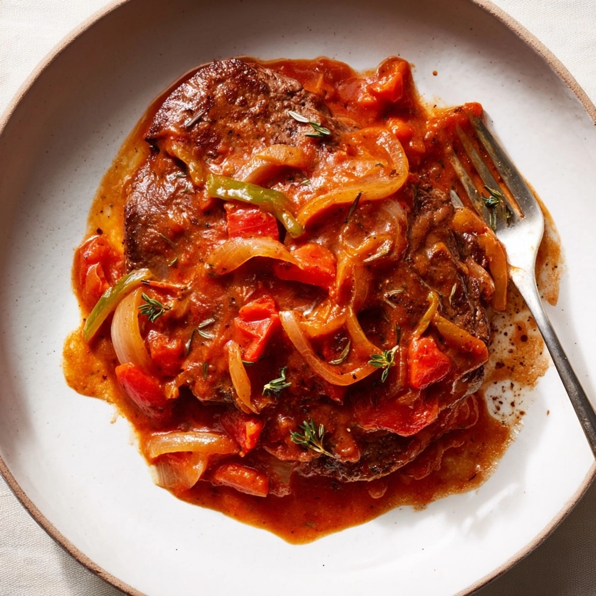 Close-up of flavorful, tender Swiss steak simmering in a rich tomato and vegetable sauce.