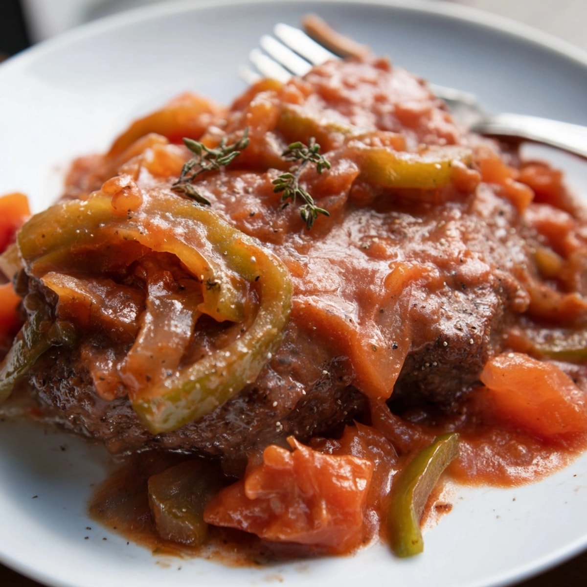 Hearty Swiss steak recipe: fork-tender beef, vibrant peppers, and onions in tomato gravy.