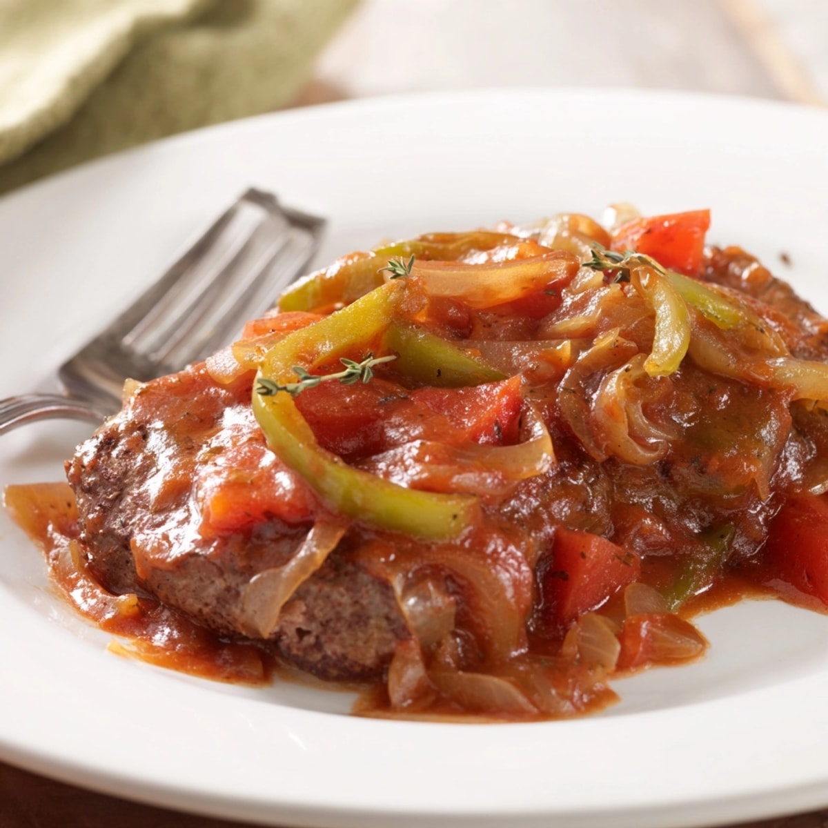 Savory baked Swiss steak, browned beef smothered in a delicious homemade tomato sauce.