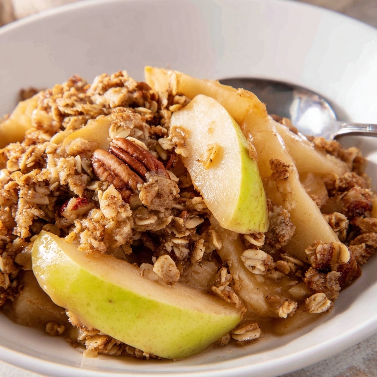 Overhead shot of homemade Apple Pecan Crisp showing sweet apples and crunchy pecan topping.