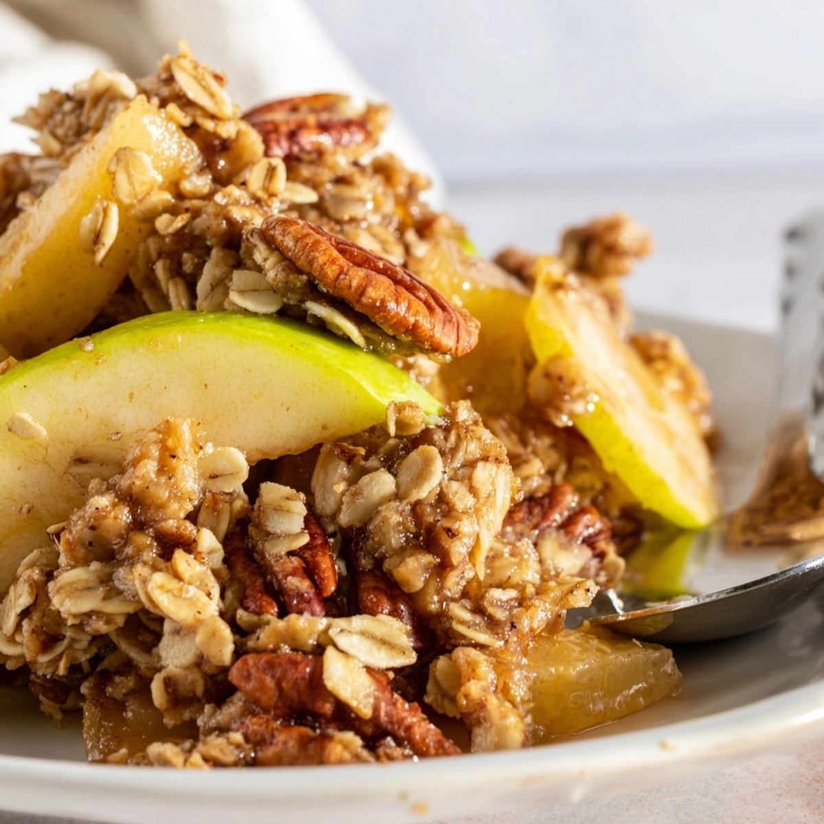 Rustic Apple Pecan Crisp still hot from the oven, topped with vanilla ice cream.
