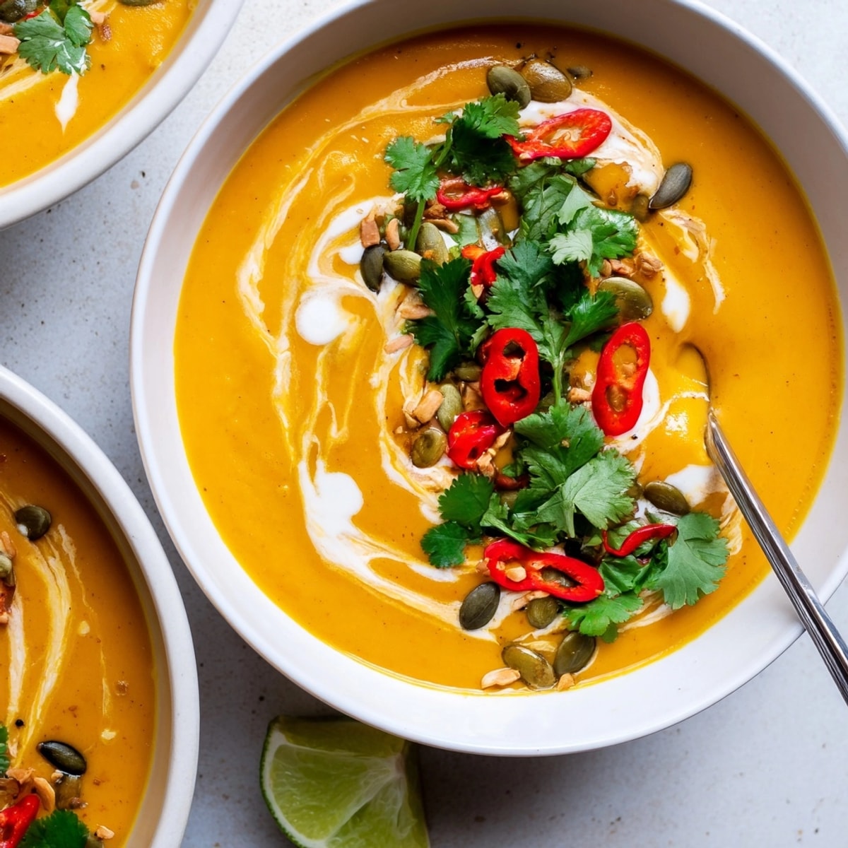Creamy Thai Butternut Soup recipe, vibrant orange, swirled with coconut milk, garnished with cilantro.