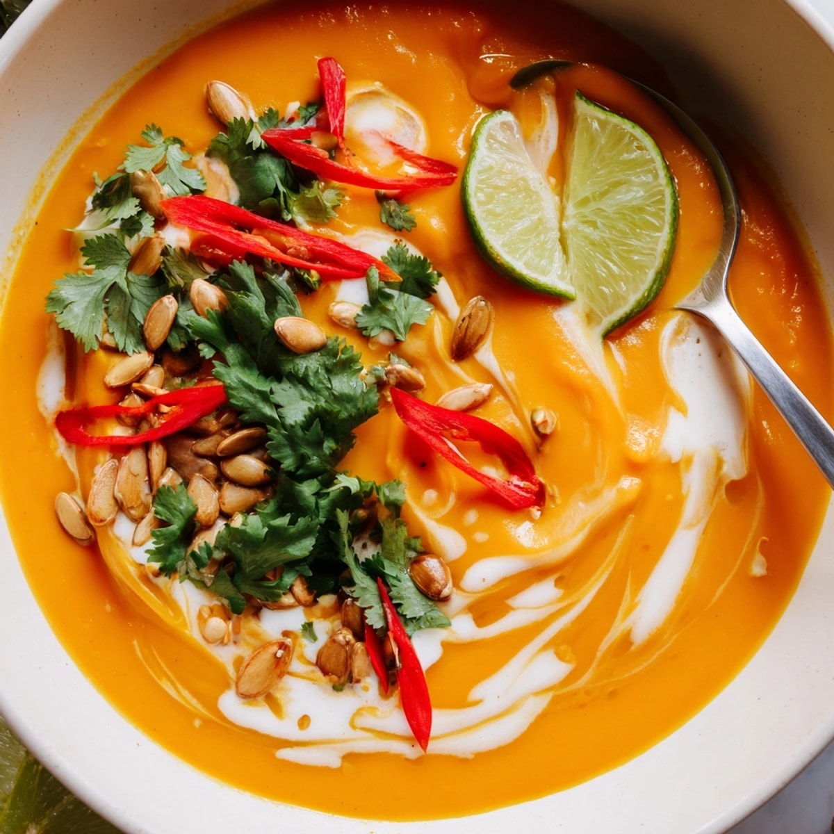 Cozy bowl of Thai Butternut Soup, steaming and ready to be enjoyed with lime.