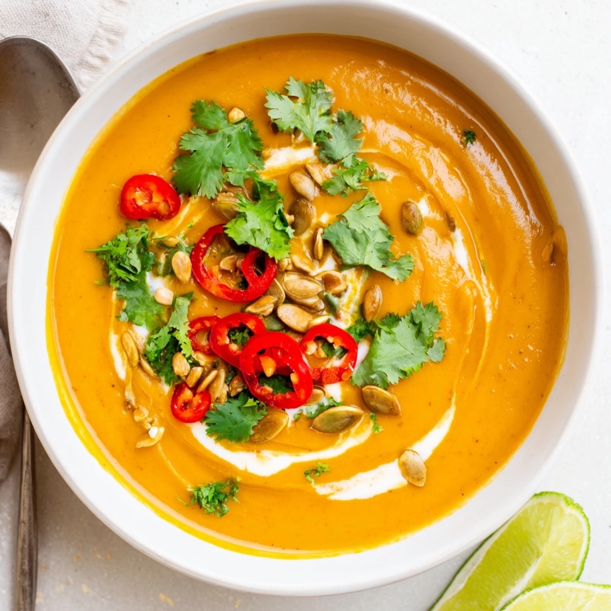 Homemade Thai Butternut Soup: A velvety, spiced, and comforting vegan meal presented beautifully.