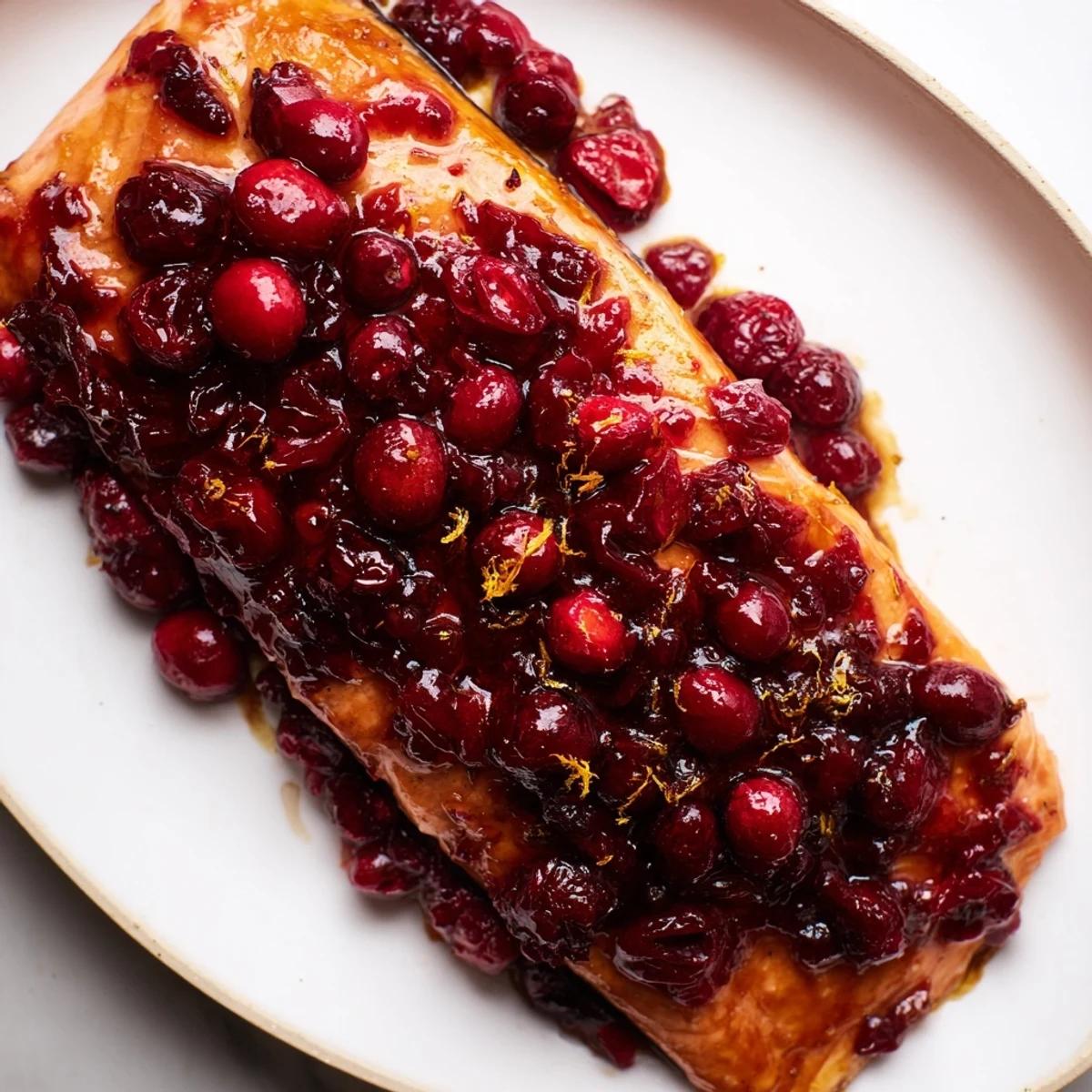 Close-up of baked Cranberry Orange Salmon, glistening with a vibrant glaze, served with fresh orange zest.
