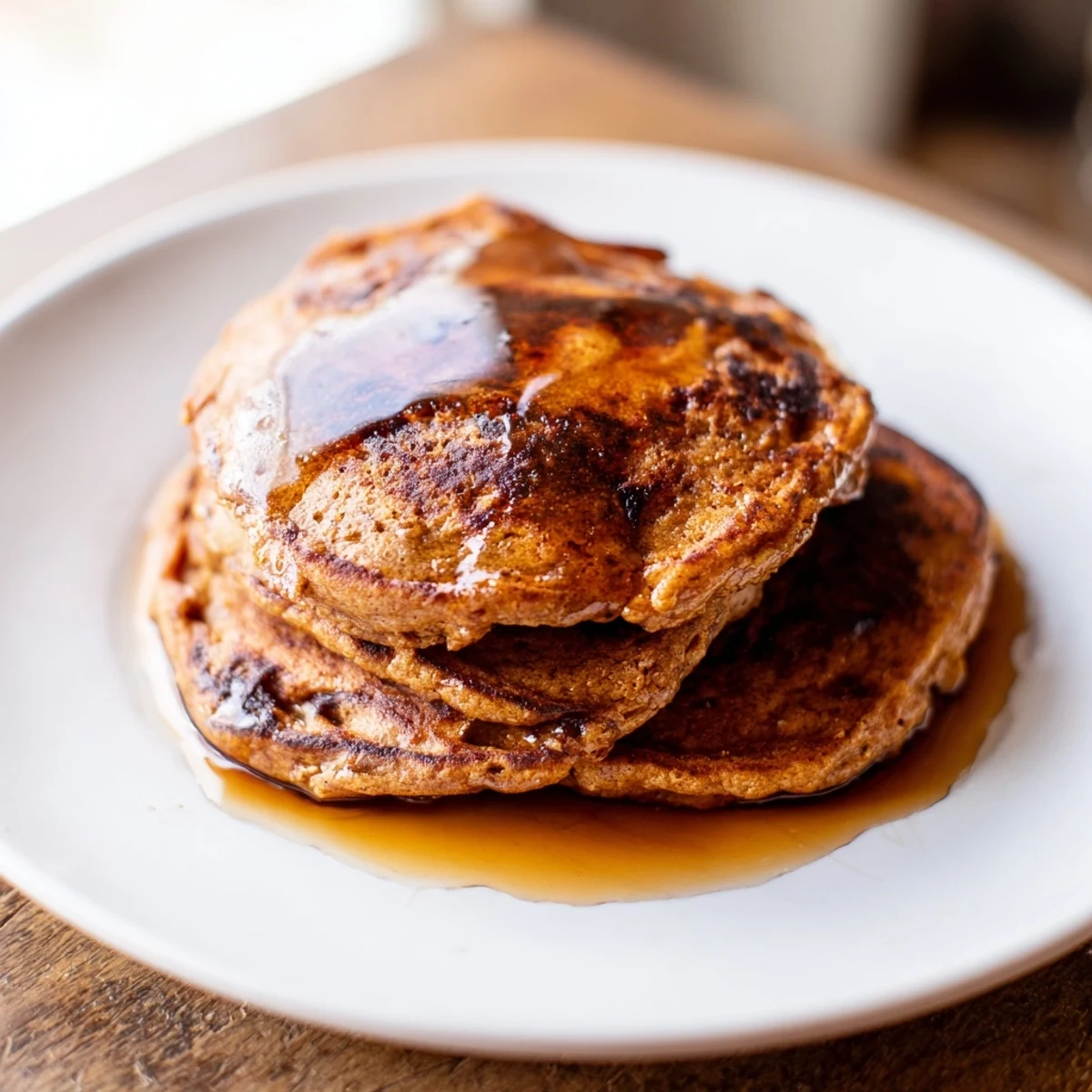 Golden, fluffy Spiced Gingerbread Pancakes drizzled with warm maple syrup, perfect for a cozy brunch.
