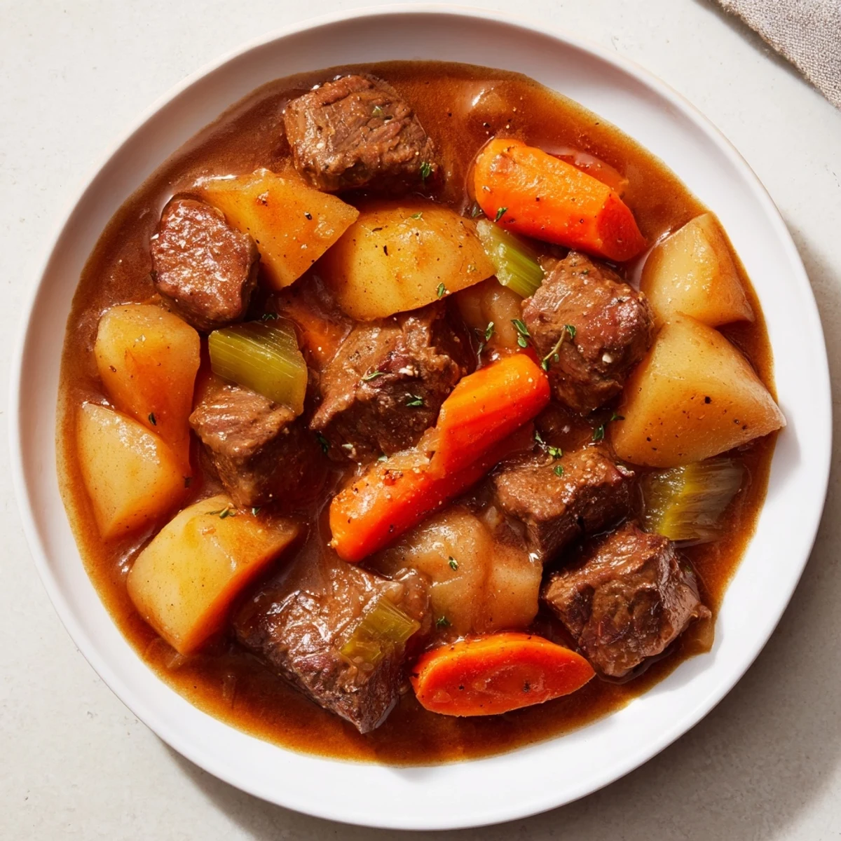 Slow Cooked Beef and Potato Stew simmering, with tender beef and vegetables, ready to serve with crusty bread.