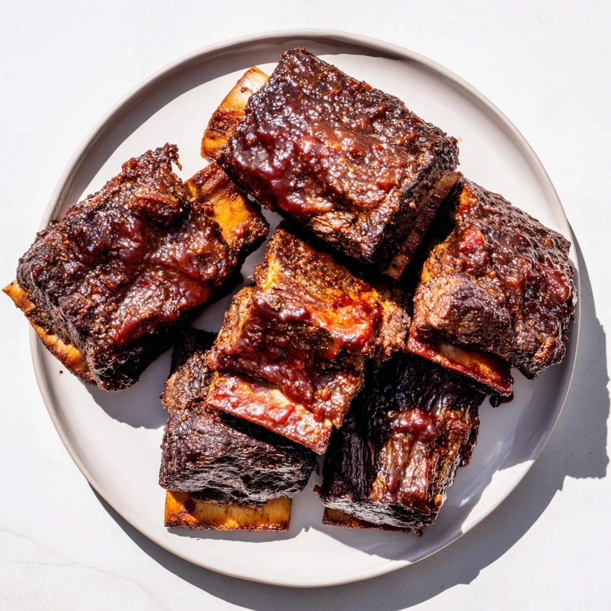 Close-up of tender, falling-off-the-bone beef ribs, showcasing the savory dry rub crust.