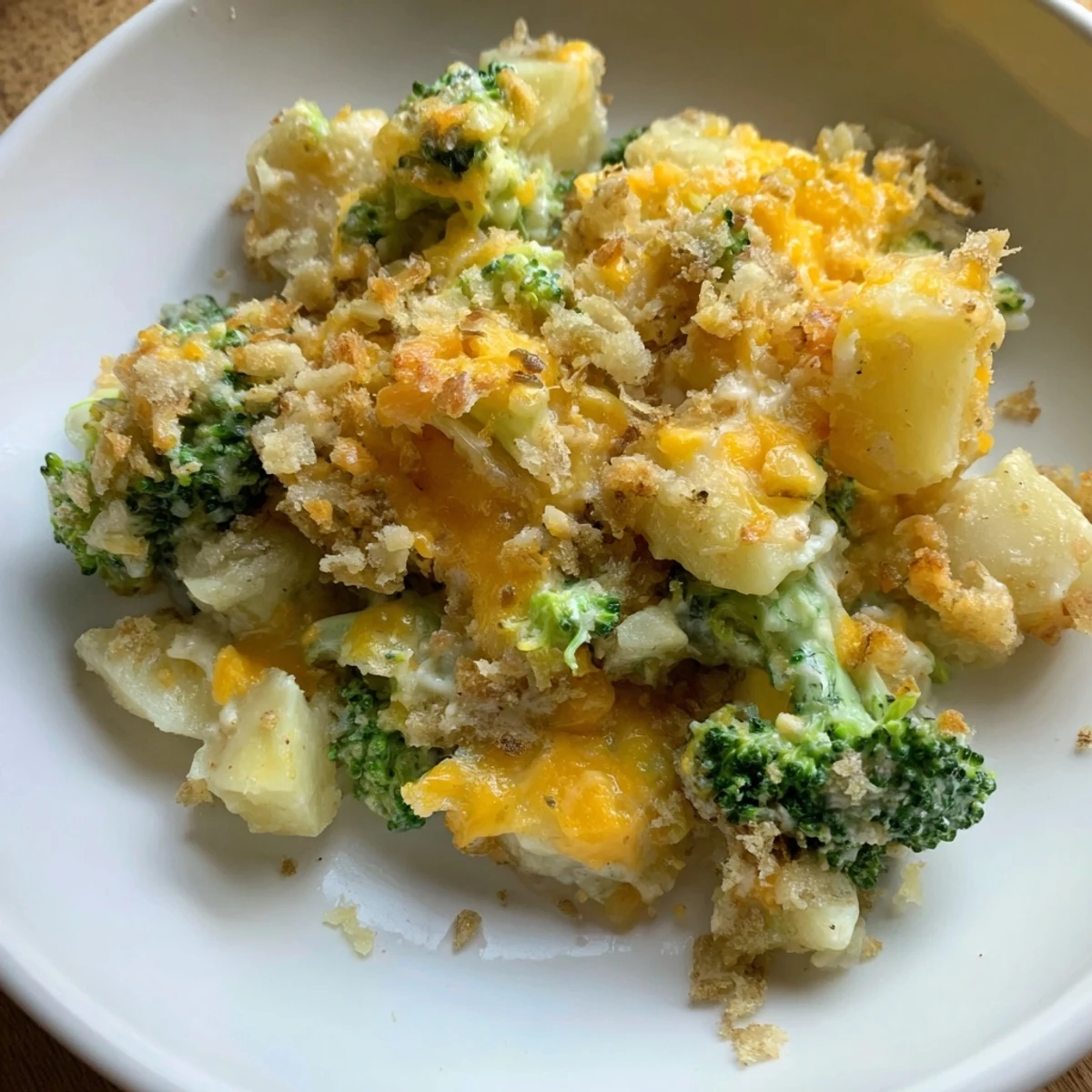 Golden, bubbly Cheesy Potato and Broccoli Casserole, a comforting family favorite with a rich cheese sauce.