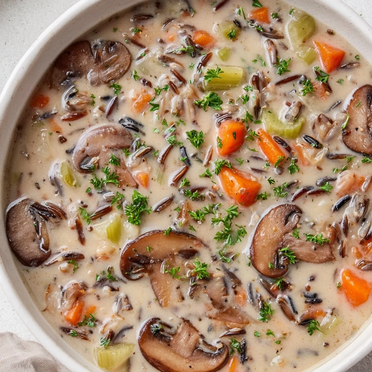 A warm bowl of Creamy Mushroom and Wild Rice Soup, featuring tender vegetables and wild rice.