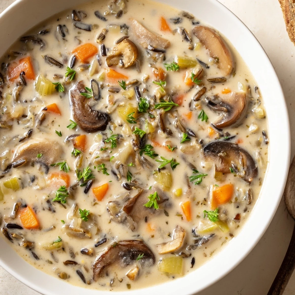 Delicious, creamy, gluten-free Creamy Mushroom and Wild Rice Soup ready to eat on a cold day.