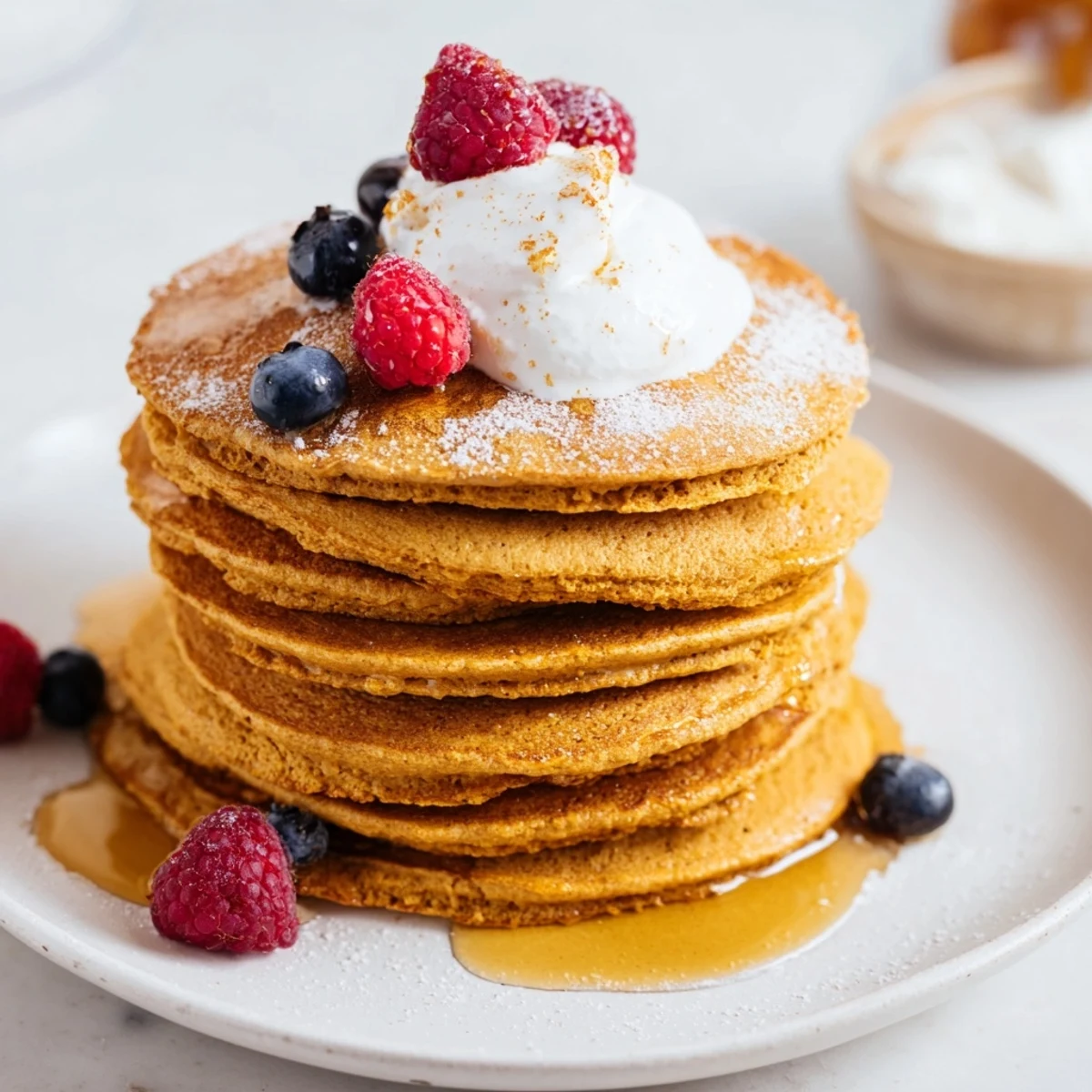 Stack of golden gingerbread spiced pancakes drizzled with maple syrup, ready to eat.