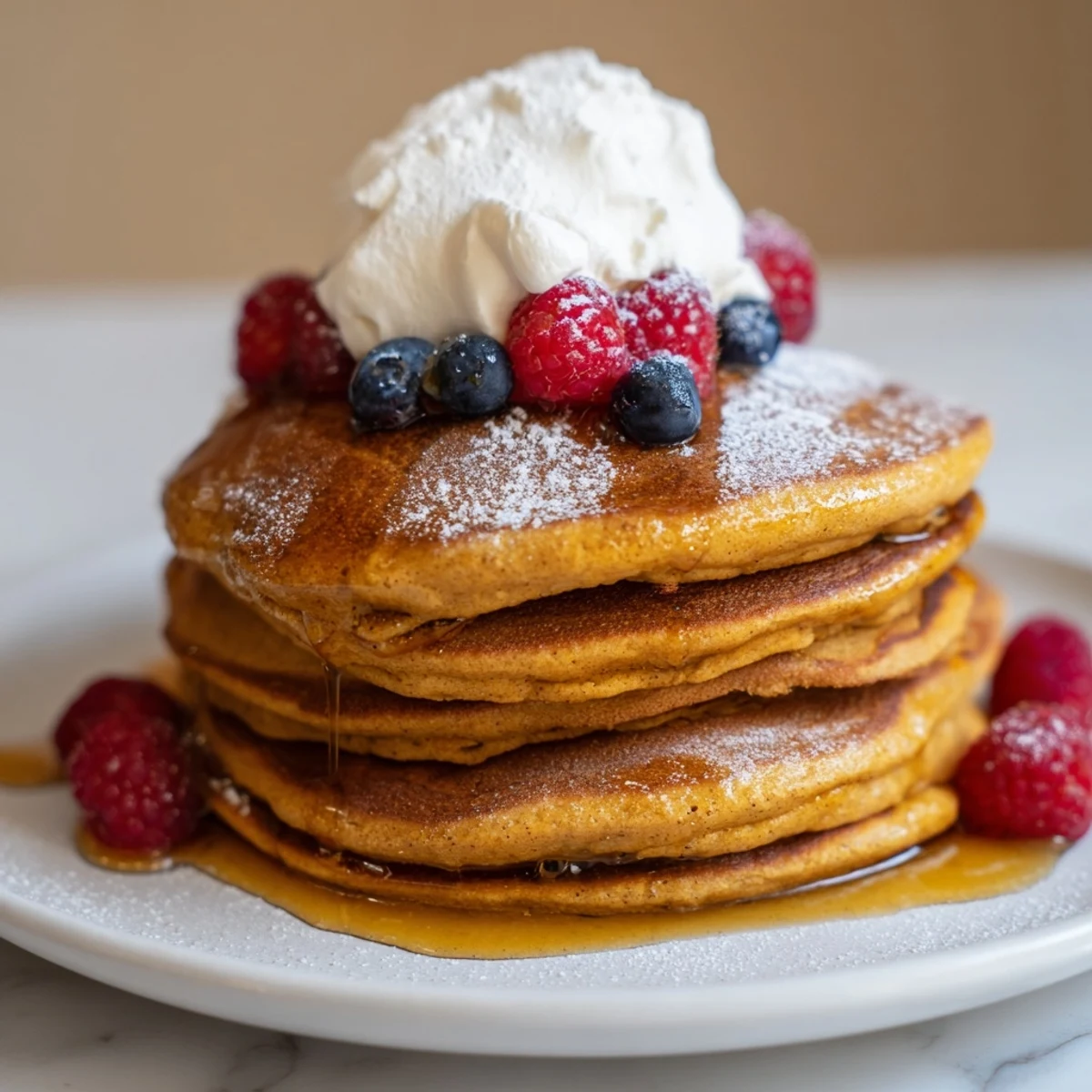 Fluffy gingerbread spiced pancakes, stacked tall, sprinkled with powdered sugar and inviting warmth.