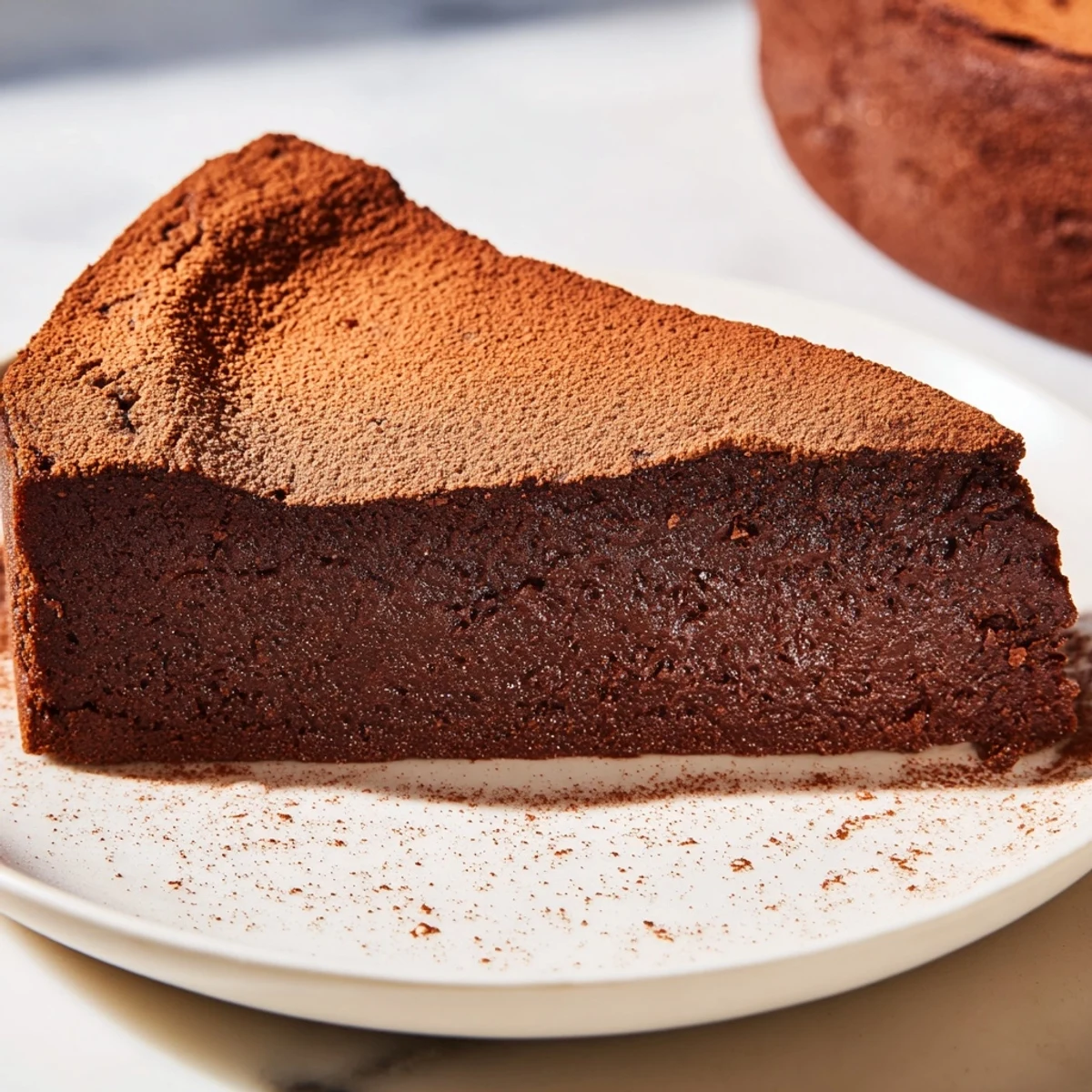 A slice of decadent flourless chocolate cake, dusted with cocoa and ready to eat.