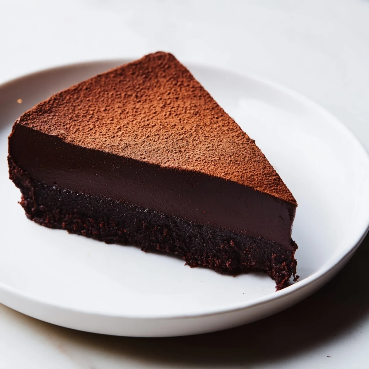 This decadent flourless chocolate cake recipe shows a beautiful, perfectly baked dessert.