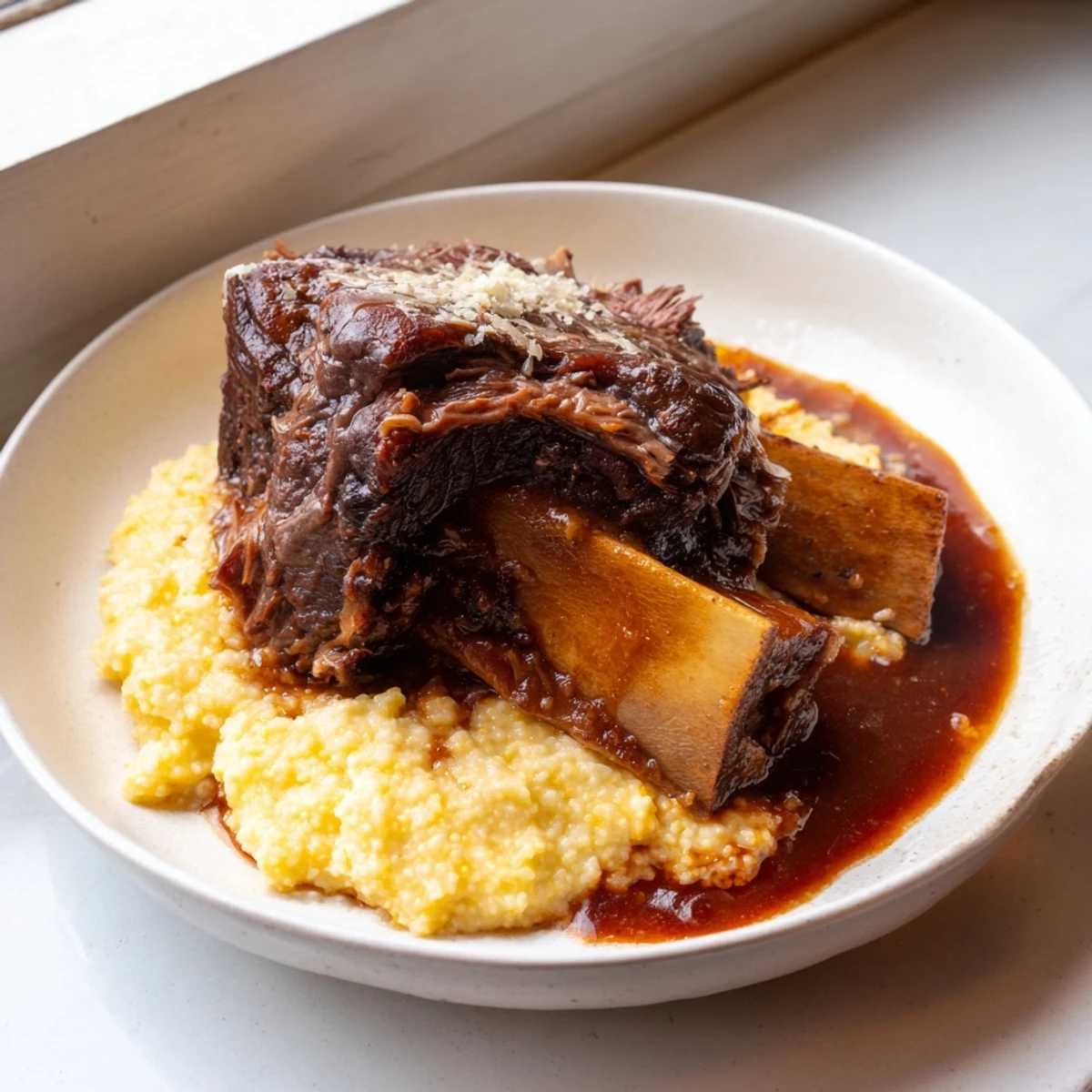 Close-up of succulent Braised Beef Short Ribs with Polenta, showcasing tender meat and a hearty meal.