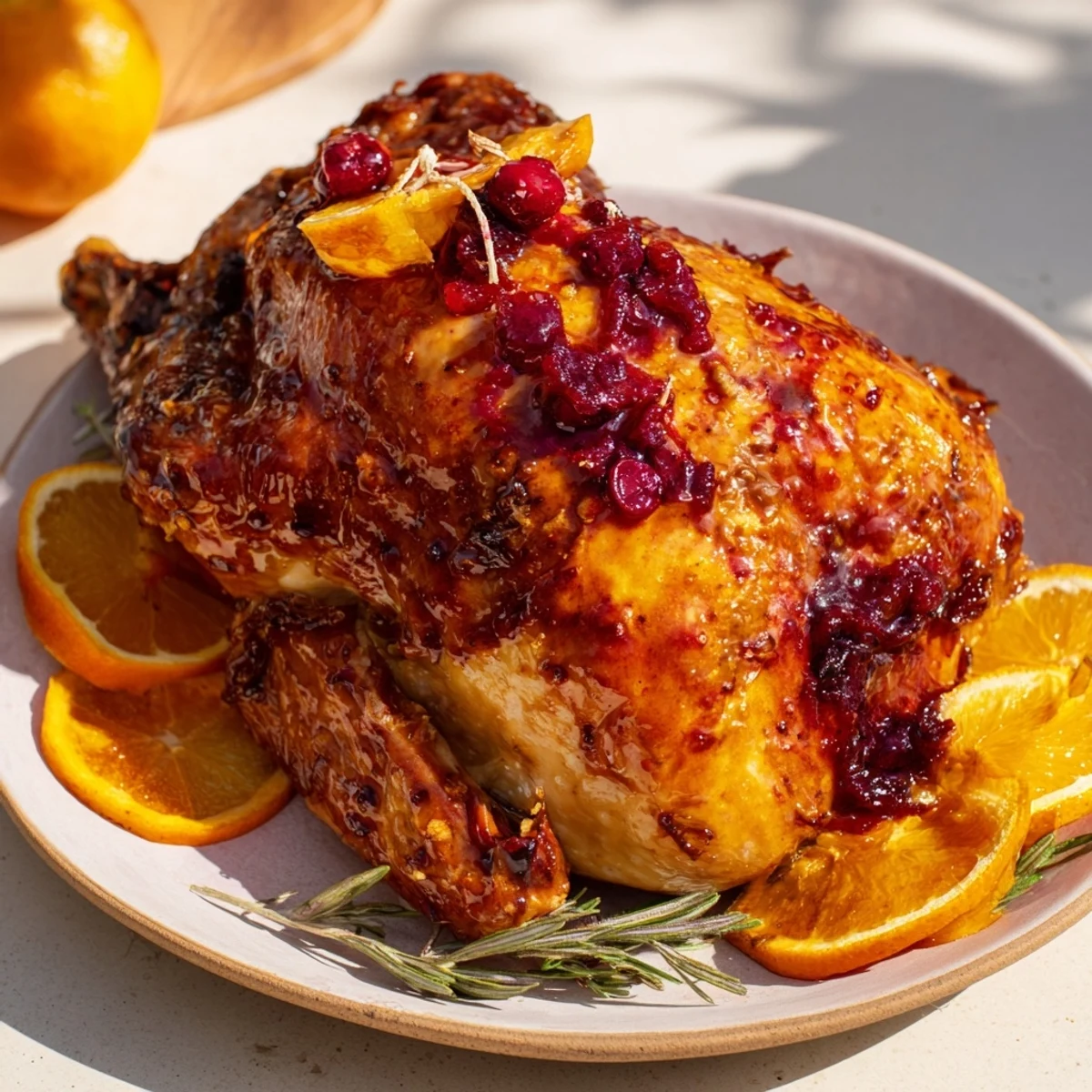 Cranberry Orange Glazed Turkey Breast glistening with a beautiful, glossy glaze, evoking holiday aromas.
