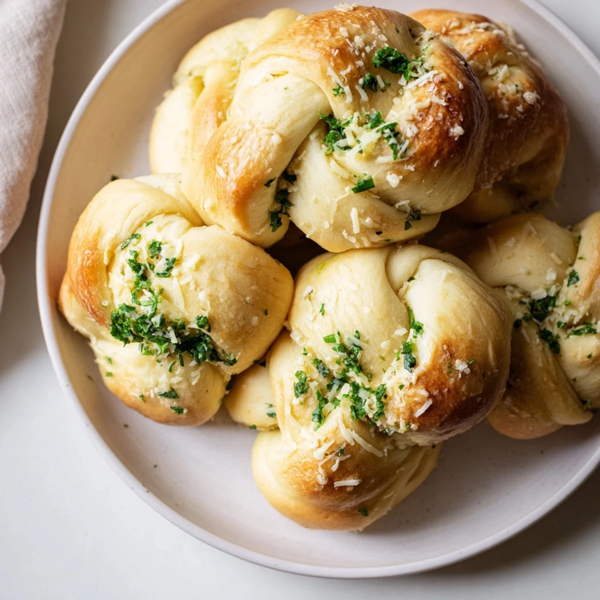 Golden brown garlic knots, freshly baked and glistening with garlic butter, perfect for Italian night.