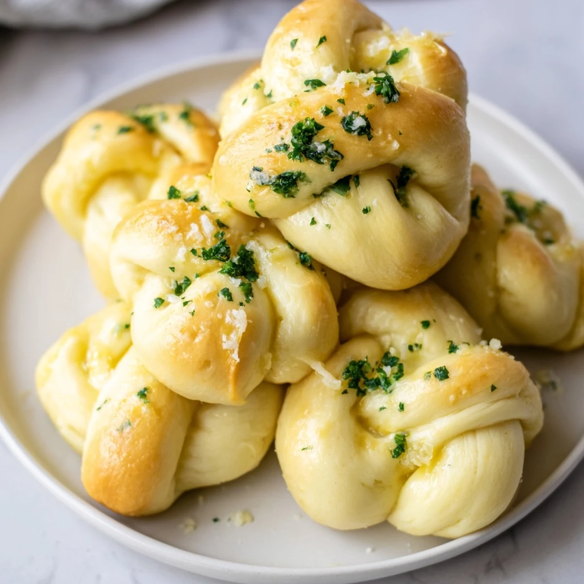 Close-up of soft, fragrant garlic knots, ready to be served, topped with fresh parsley and Parmesan.
