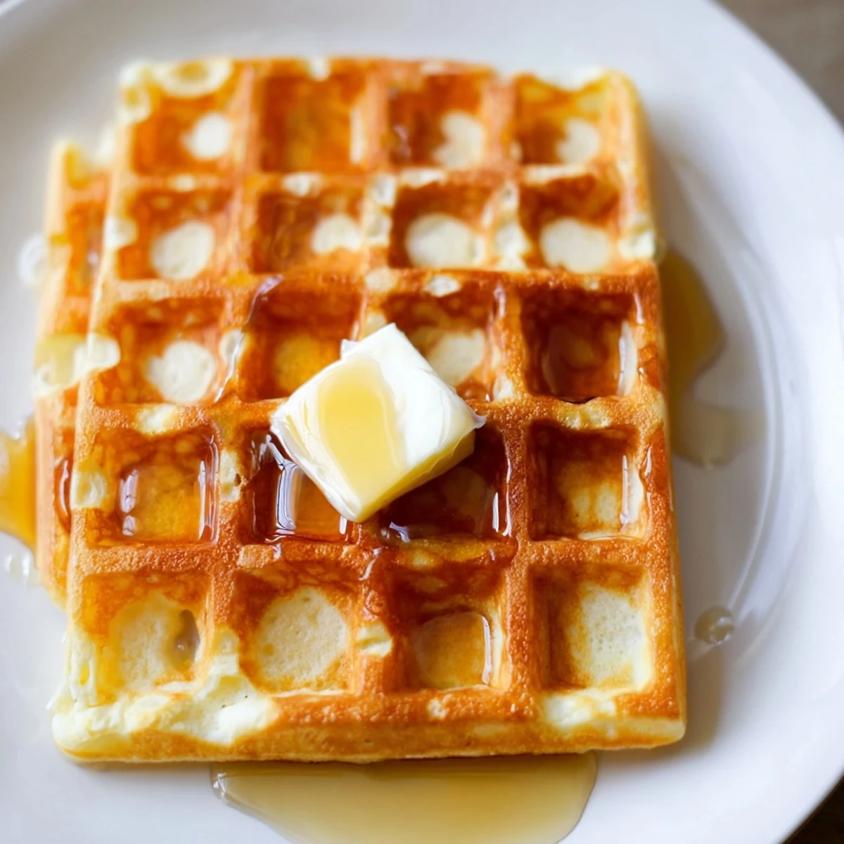 Freshly made crispy waffles, ideal for a weekend brunch, boasting a beautiful golden texture and aroma.