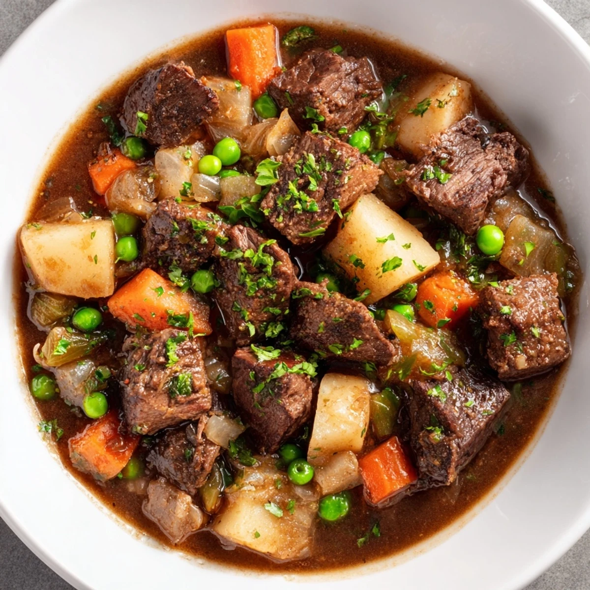 Hearty beef stew boasting rich, savory flavors, served alongside crusty bread for a complete meal.