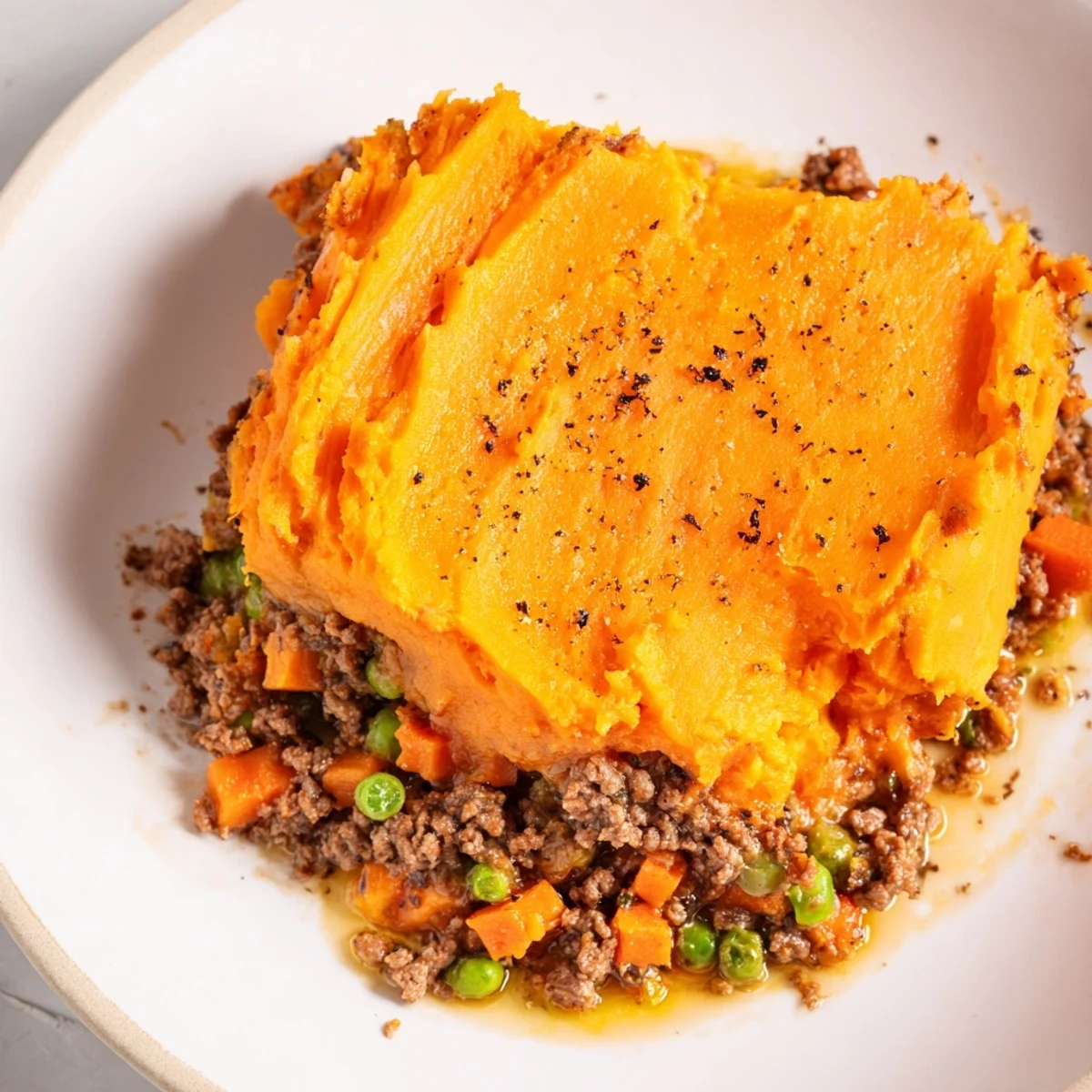 Close-up view of the savory Lamb Shepherd's Pie with golden sweet potato topping and a rich filling.