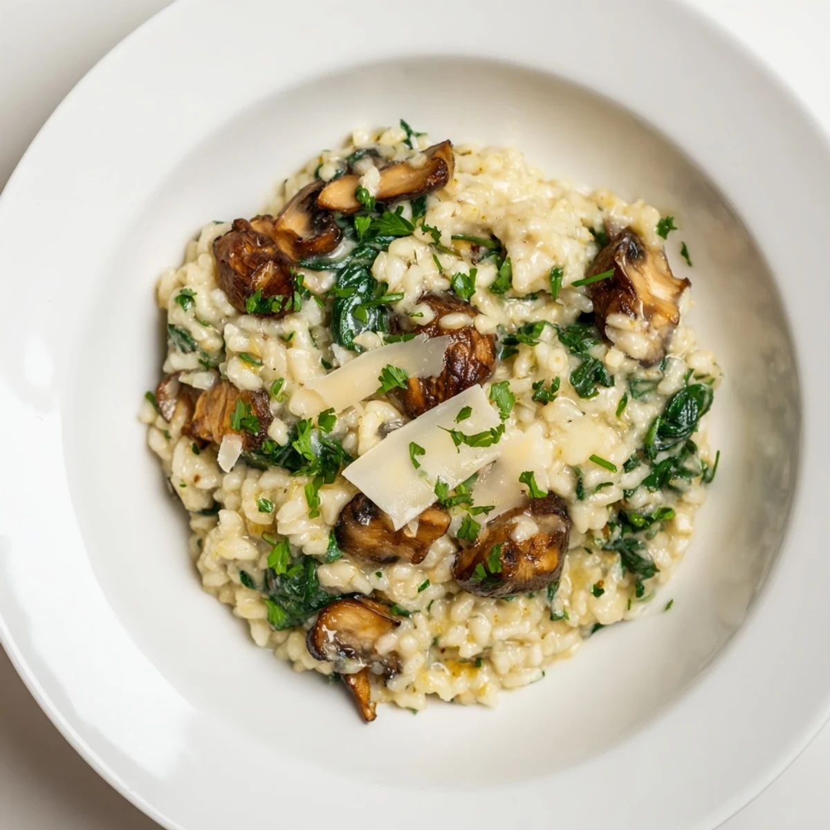 Creamy mushroom and spinach risotto swirled with Parmesan, a rich, comforting Italian dish ready to serve.
