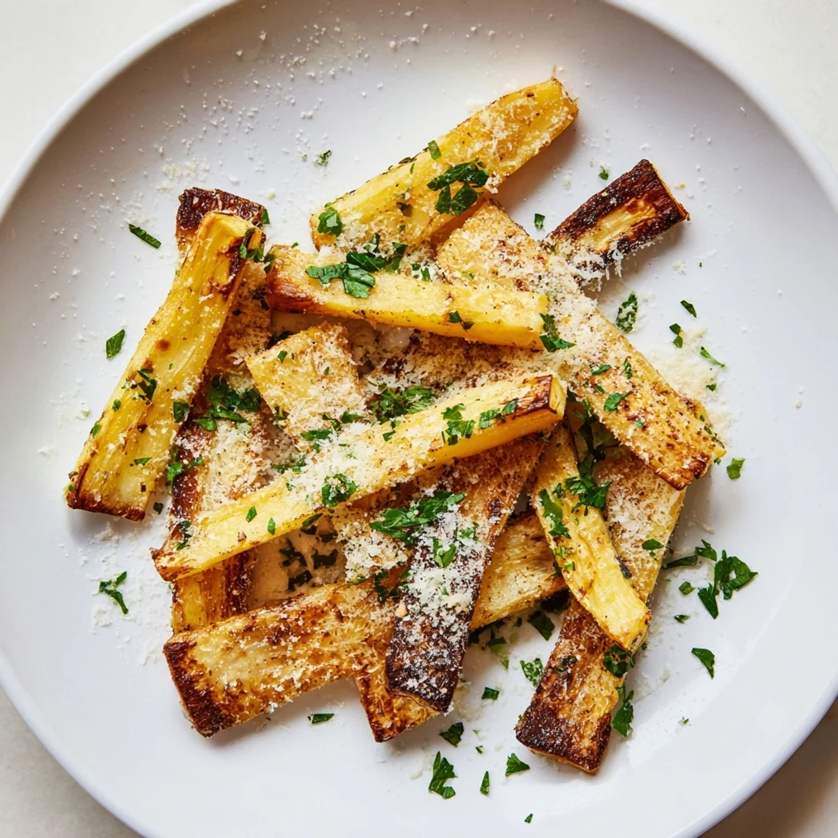 A platter of perfect golden crispy roasted parsnips, served as a flavorful vegetarian side dish.