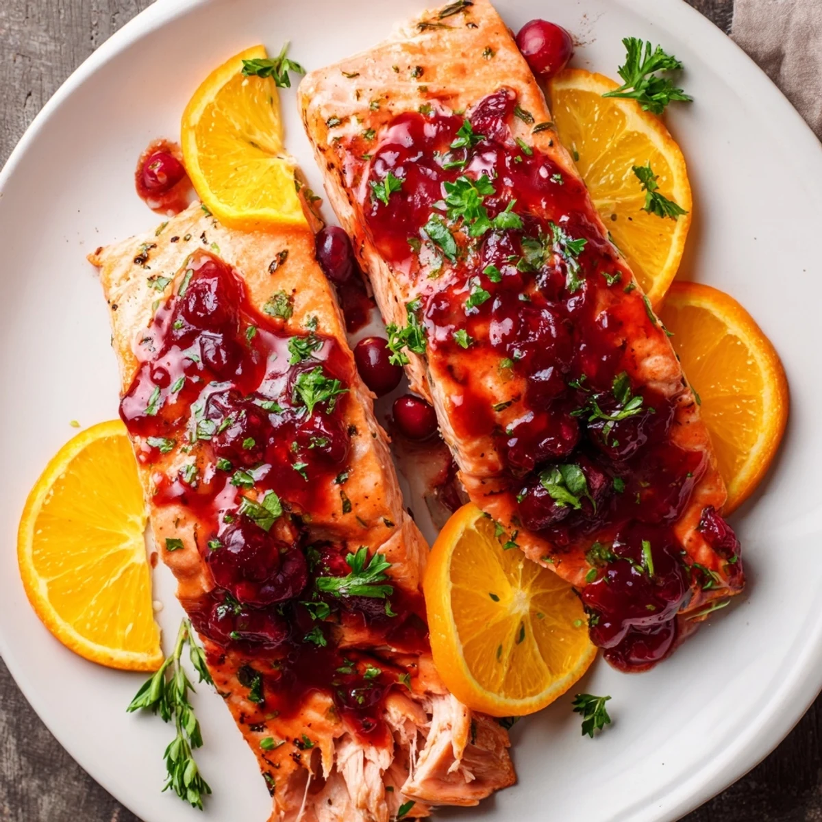 Oven-baked Cranberry Glazed Salmon Fillets: A close-up showcases the rich red cranberry glaze coating the salmon.
