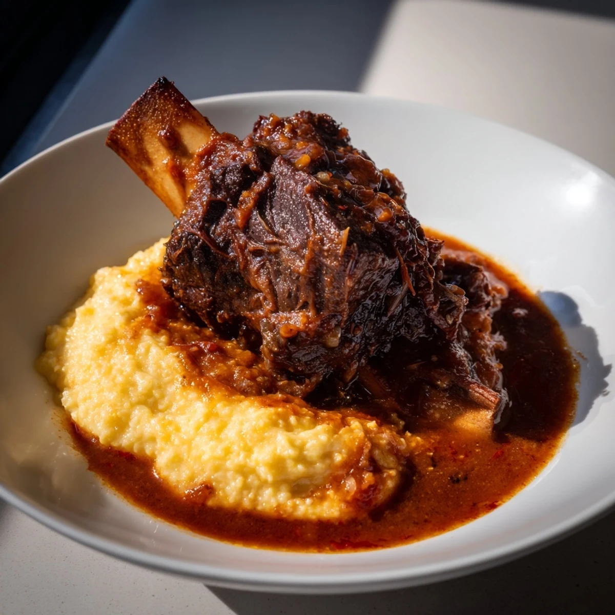 Close-up of tender, fall-off-the-bone beef short ribs, a rich and hearty Italian recipe.