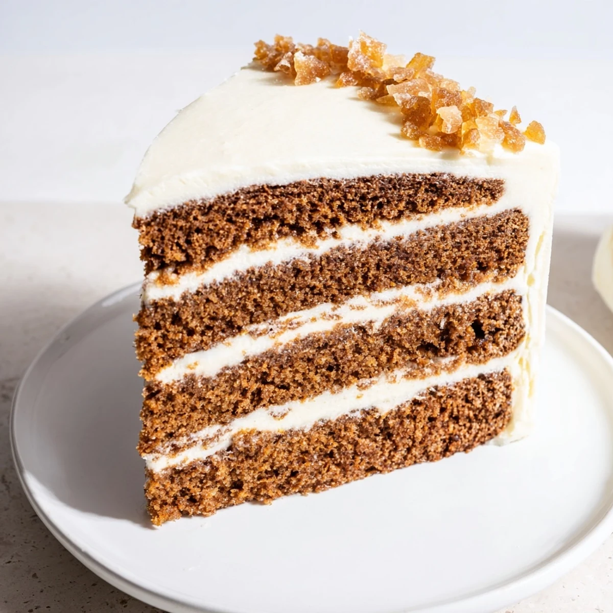 A three-layer gingerbread cake, perfectly frosted, ready to be sliced for a delicious dessert.