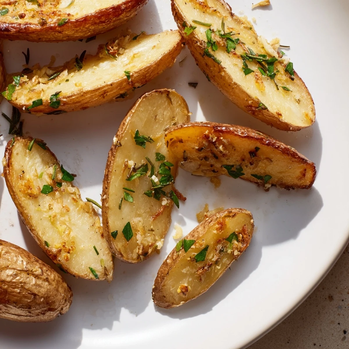 Tender, roasted Garlic Herb Fingerling Potatoes sprinkled with fresh parsley, ready to enjoy with a delicious meal.
