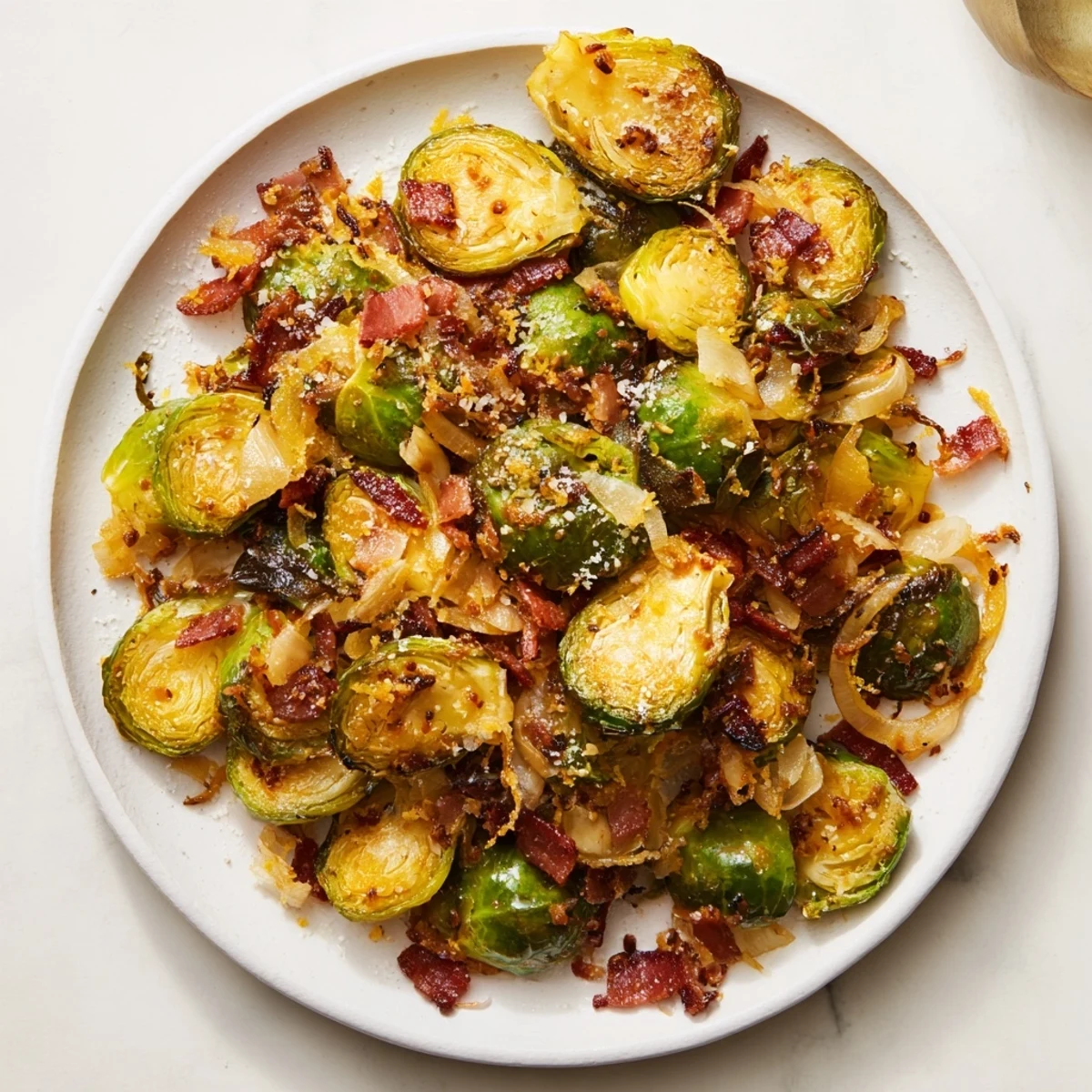 Golden-brown Sautéed Brussels Sprouts with Turkey Bacon, a delicious side dish, ready to serve warm.