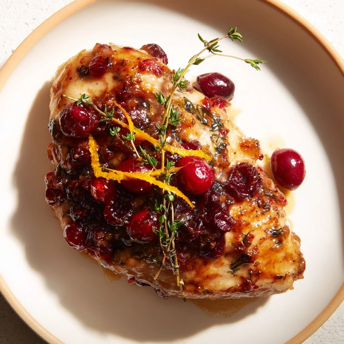 Golden seared Cranberry Glazed Chicken Breast glistening in a sweet and tart, vibrant cranberry sauce.