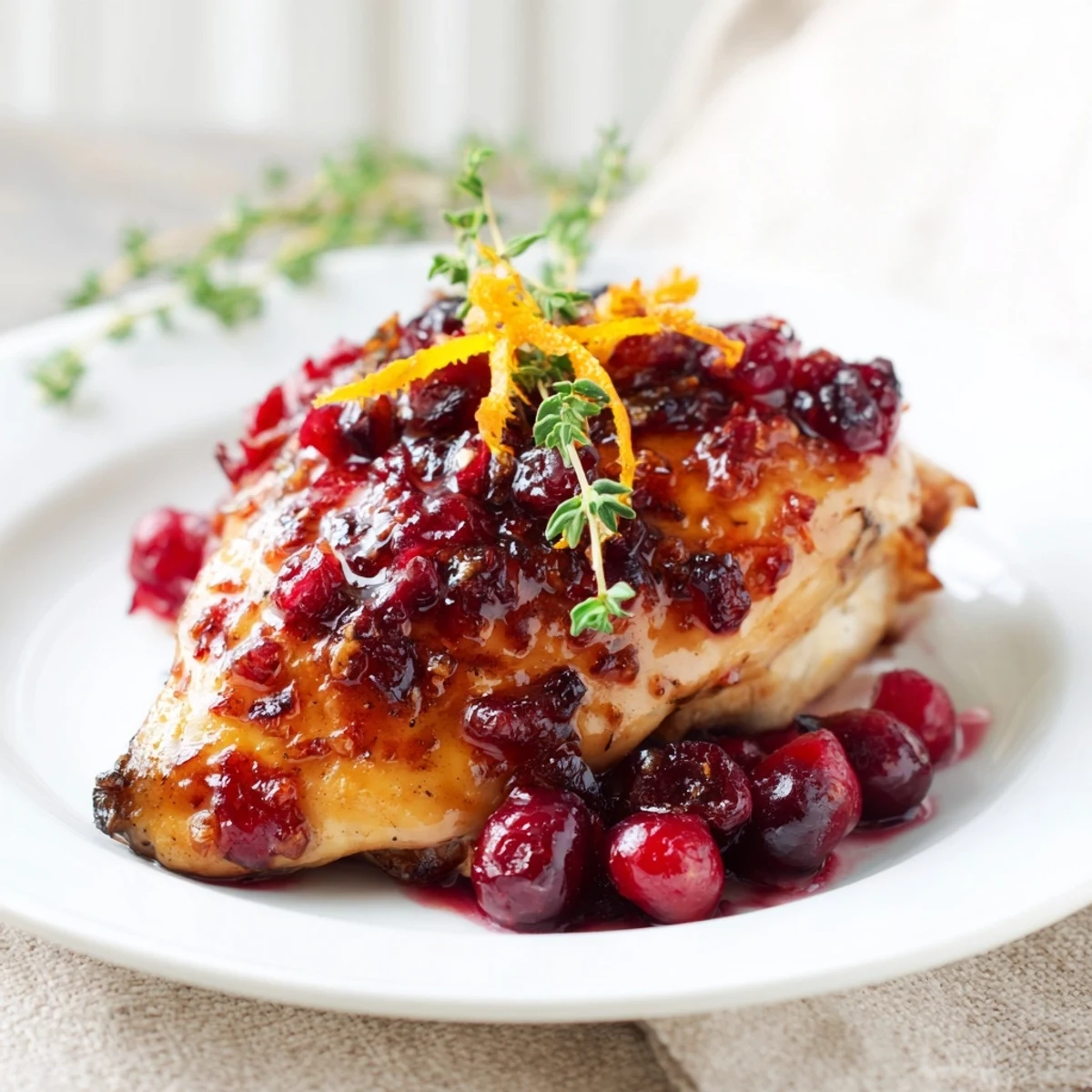 Served on a plate, the Cranberry Glazed Chicken Breast looks tender with a glossy cranberry coating.